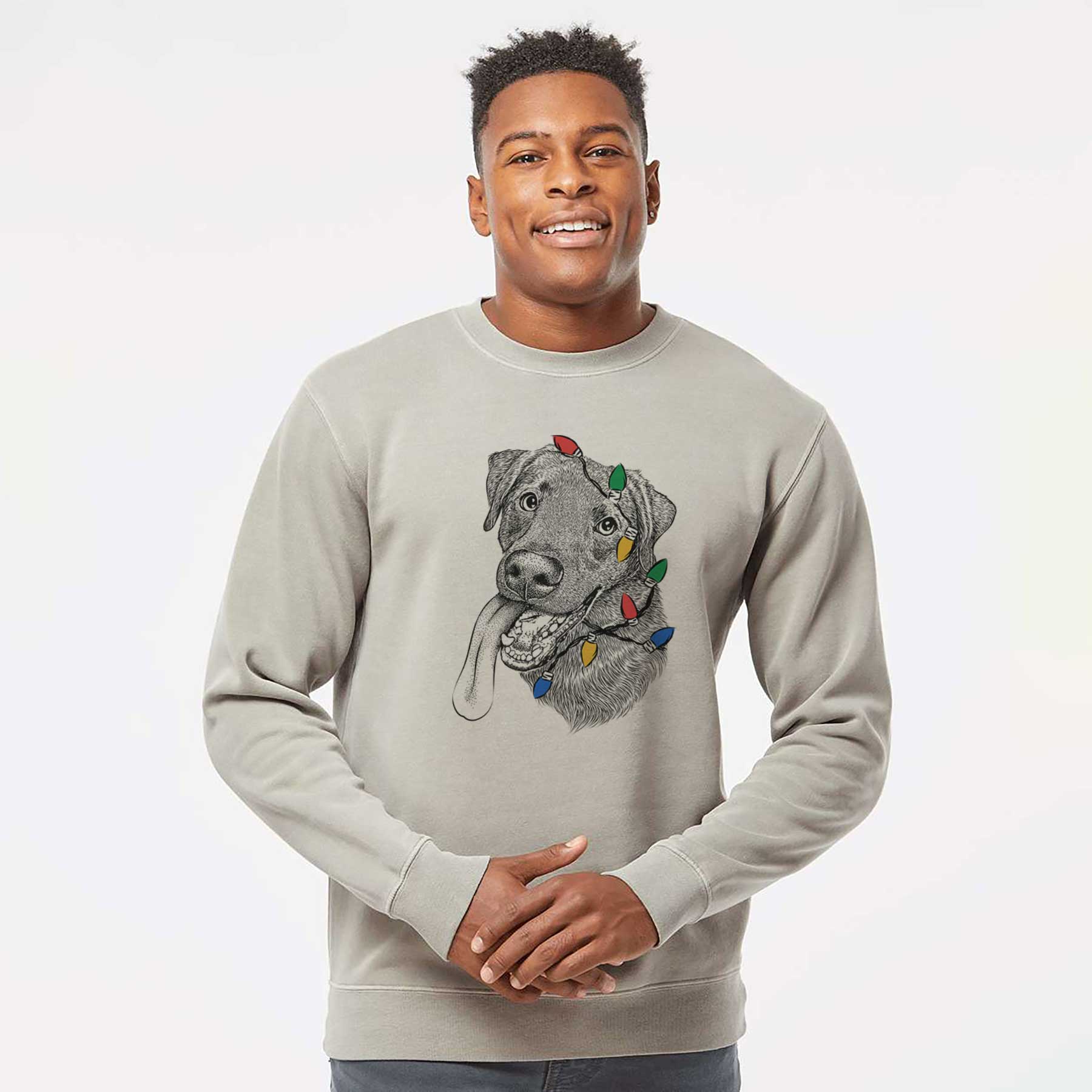 Christmas Lights Macaroni the Lab Mix - Unisex Pigment Dyed Crew Sweatshirt