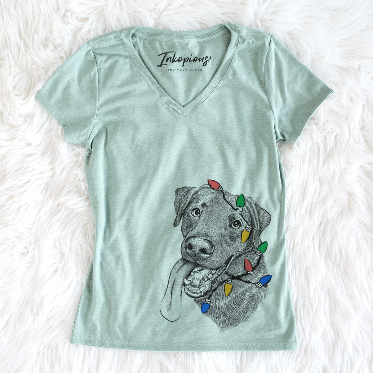 Christmas Lights Macaroni the Lab Mix - Women&#39;s V-neck Shirt