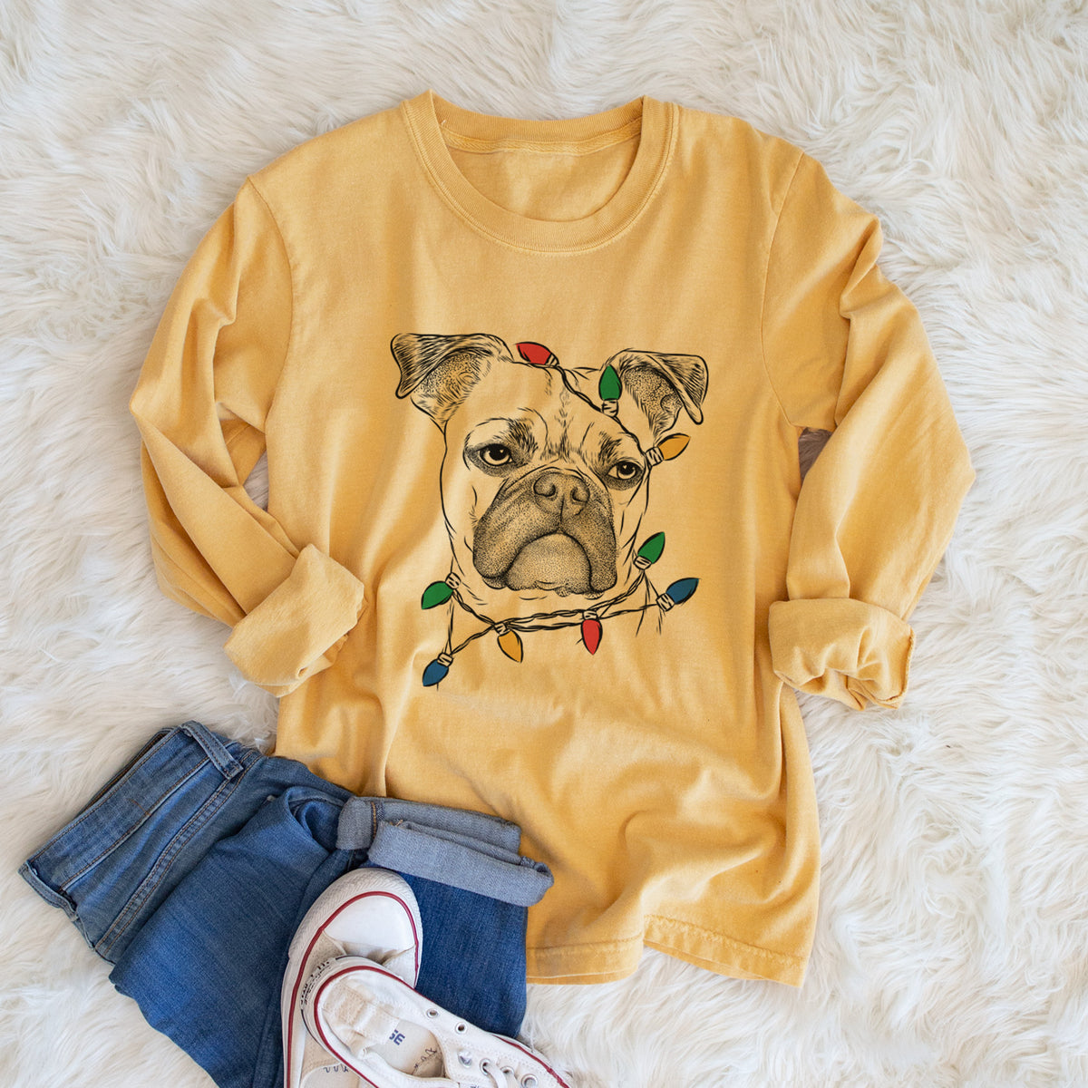 Christmas Lights Mack the Bugg (Boston Terrier/Pug) - Heavyweight 100% Cotton Long Sleeve