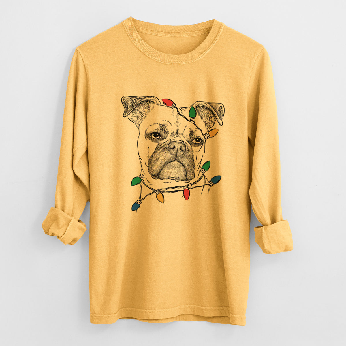 Christmas Lights Mack the Bugg (Boston Terrier/Pug) - Heavyweight 100% Cotton Long Sleeve