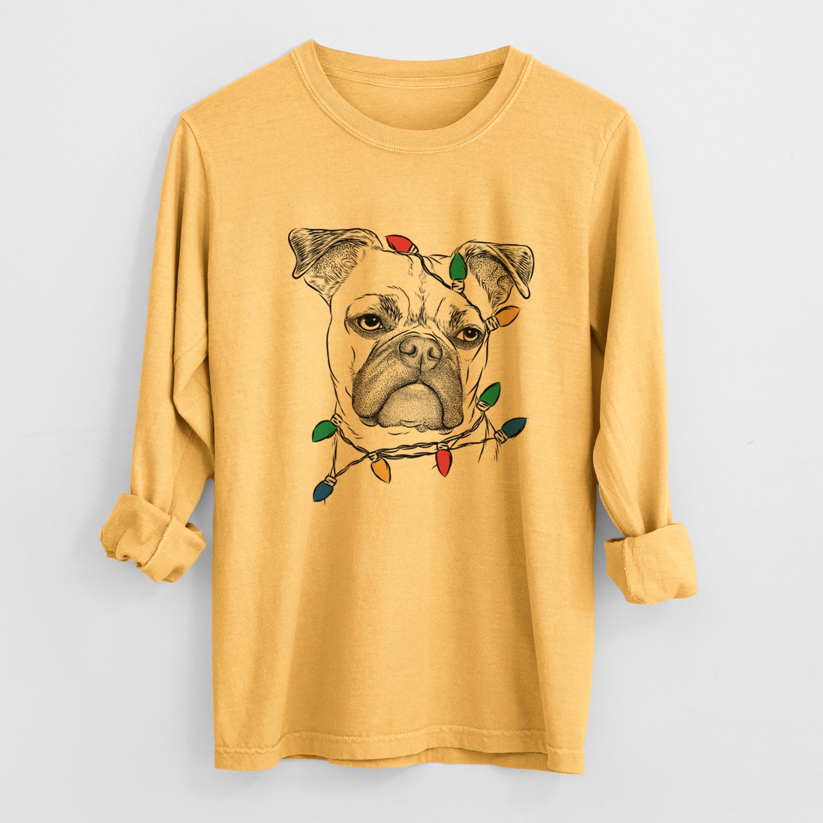 Christmas Lights Mack the Bugg (Boston Terrier/Pug) - Heavyweight 100% Cotton Long Sleeve