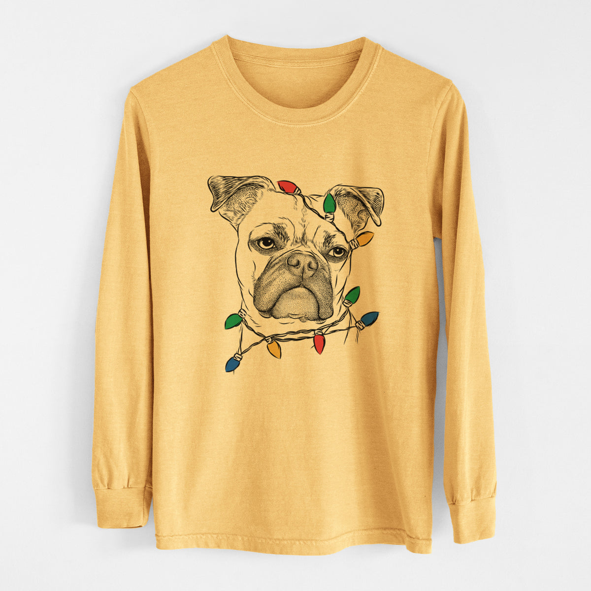 Christmas Lights Mack the Bugg (Boston Terrier/Pug) - Heavyweight 100% Cotton Long Sleeve