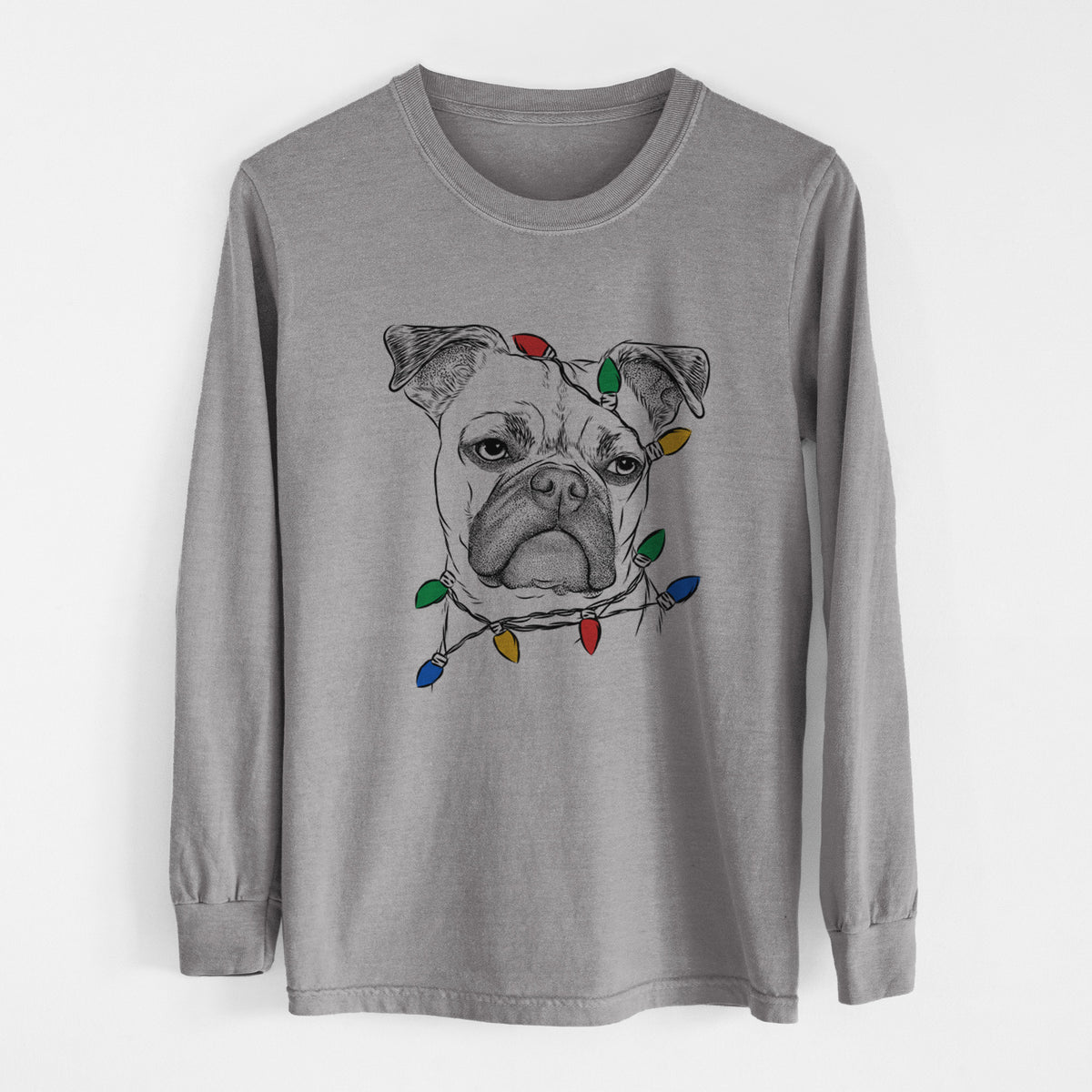Christmas Lights Mack the Bugg (Boston Terrier/Pug) - Heavyweight 100% Cotton Long Sleeve