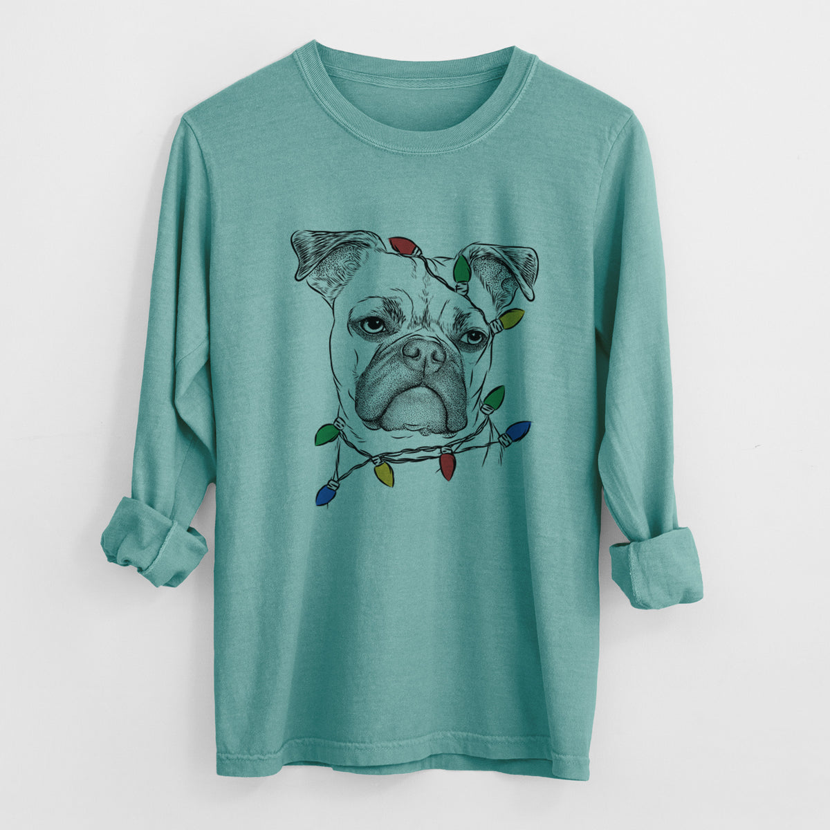 Christmas Lights Mack the Bugg (Boston Terrier/Pug) - Heavyweight 100% Cotton Long Sleeve