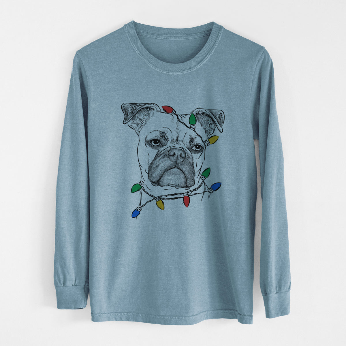 Christmas Lights Mack the Bugg (Boston Terrier/Pug) - Heavyweight 100% Cotton Long Sleeve