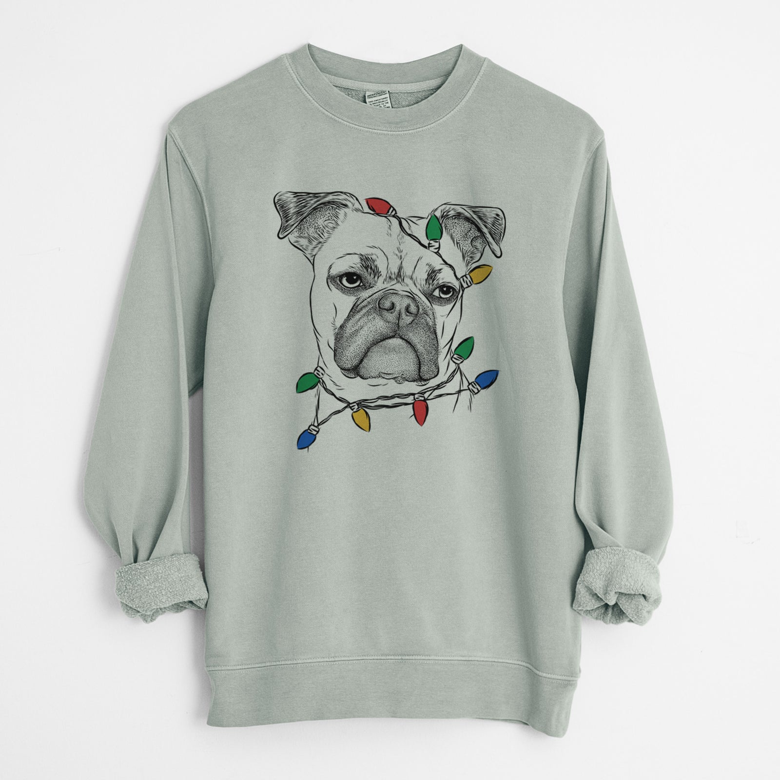Christmas Lights Mack the Bugg (Boston Terrier/Pug) - Unisex Pigment Dyed Crew Sweatshirt