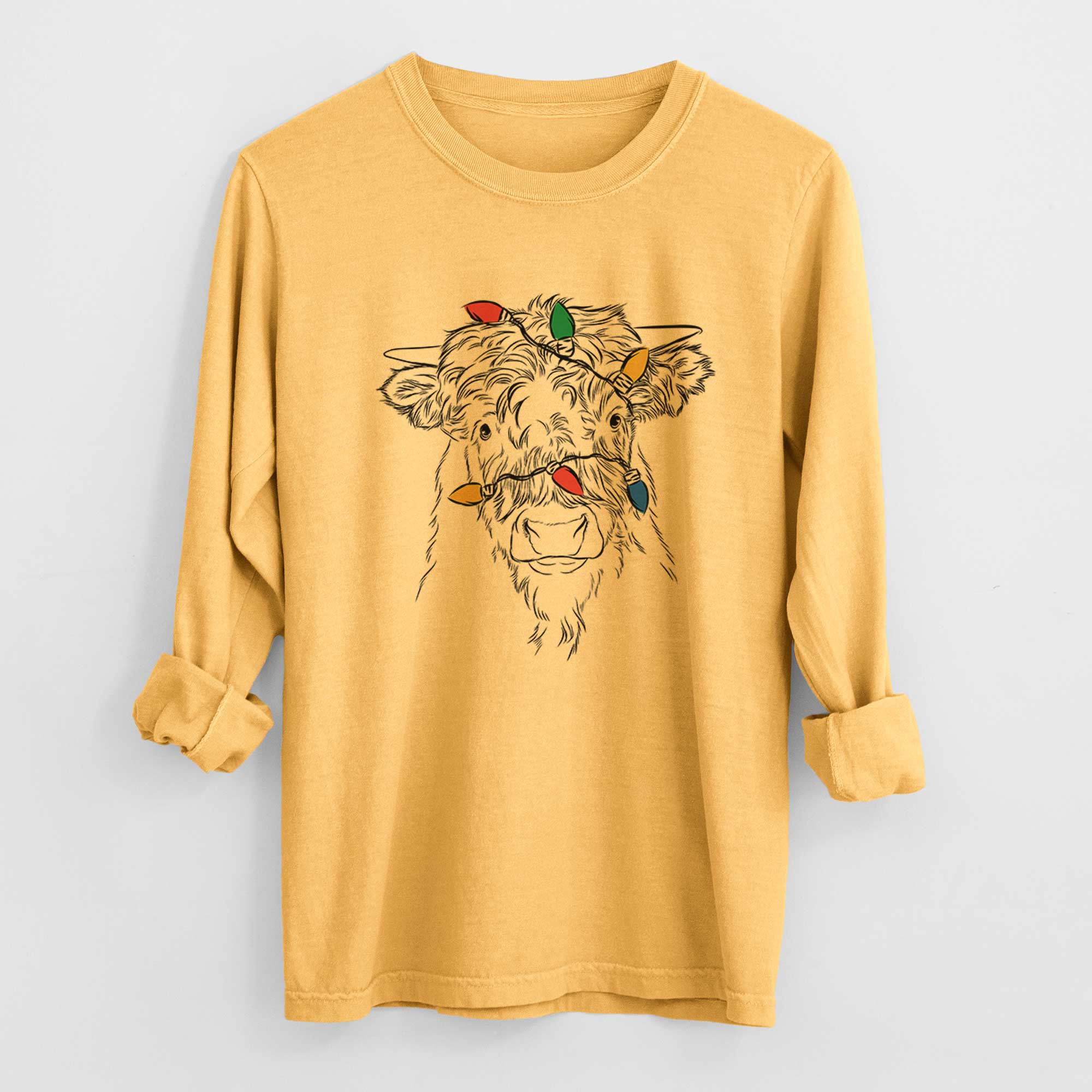 Christmas Lights Mack the Scottish Highland Cow - Heavyweight 100% Cotton Long Sleeve