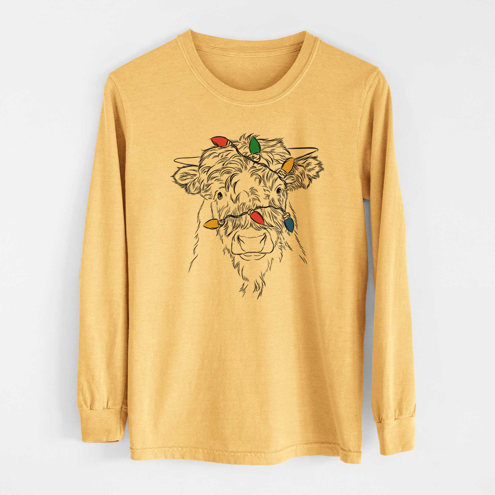 Christmas Lights Mack the Scottish Highland Cow - Heavyweight 100% Cotton Long Sleeve