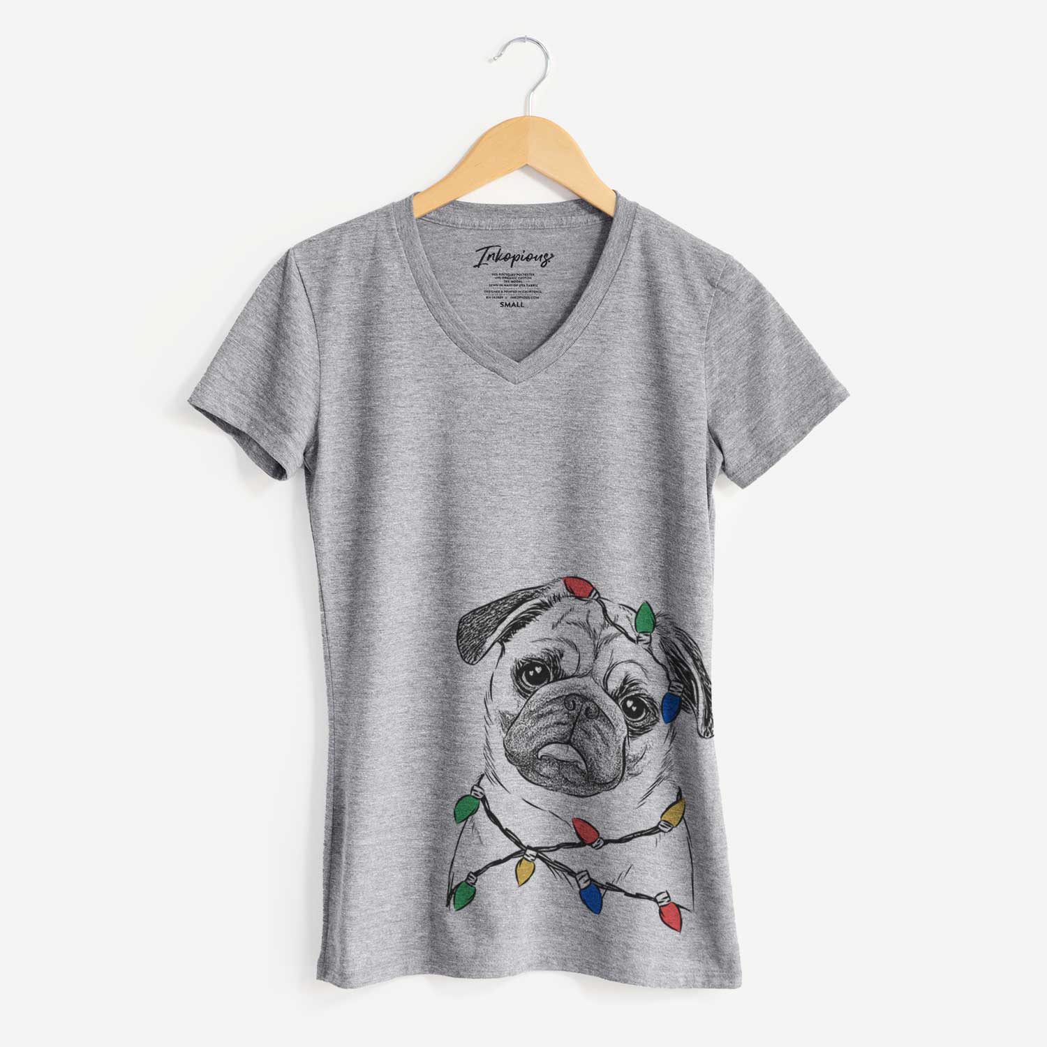 Christmas Lights Macy the Pug - Women's V-neck Shirt