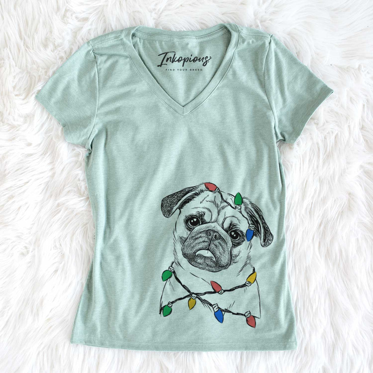 Christmas Lights Macy the Pug - Women&#39;s V-neck Shirt