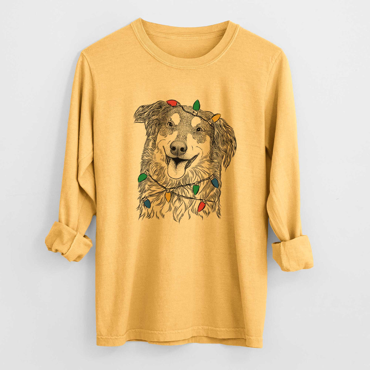 Christmas Lights Maddie the English Shepherd - Heavyweight 100% Cotton Long Sleeve