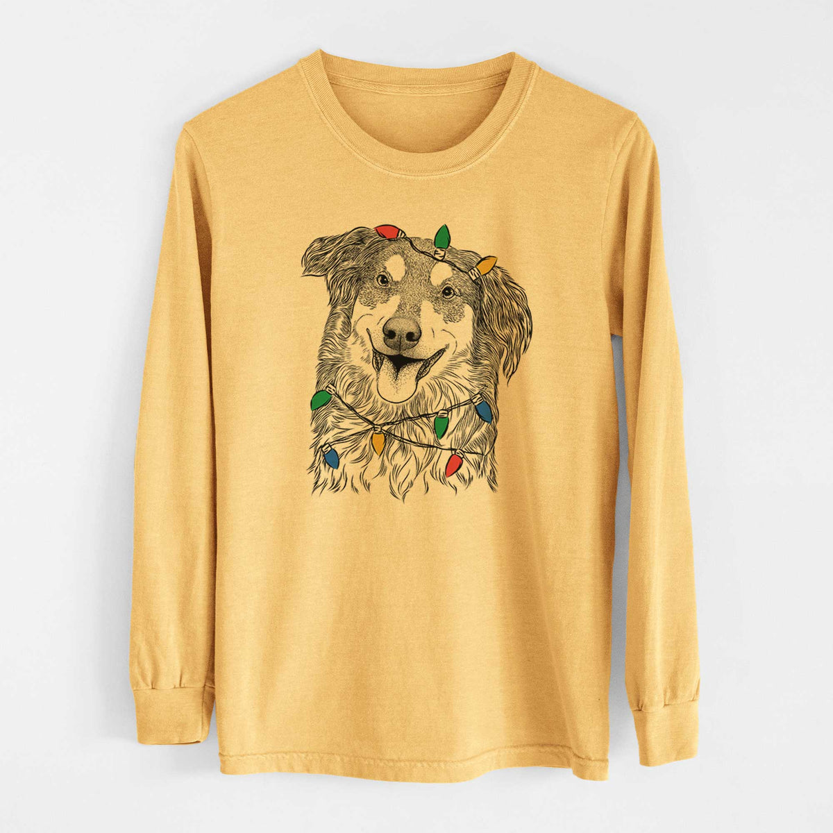 Christmas Lights Maddie the English Shepherd - Heavyweight 100% Cotton Long Sleeve