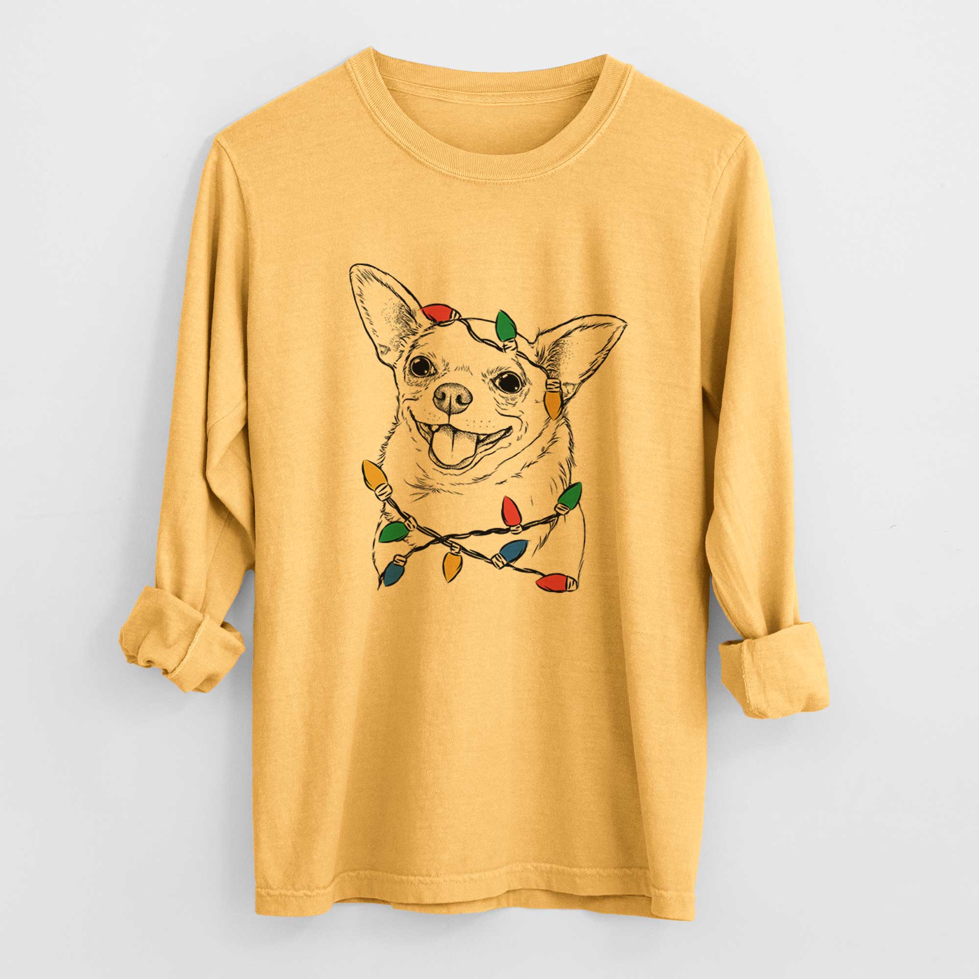 Christmas Lights Maddison Pearl the Chihuahua - Heavyweight 100% Cotton Long Sleeve