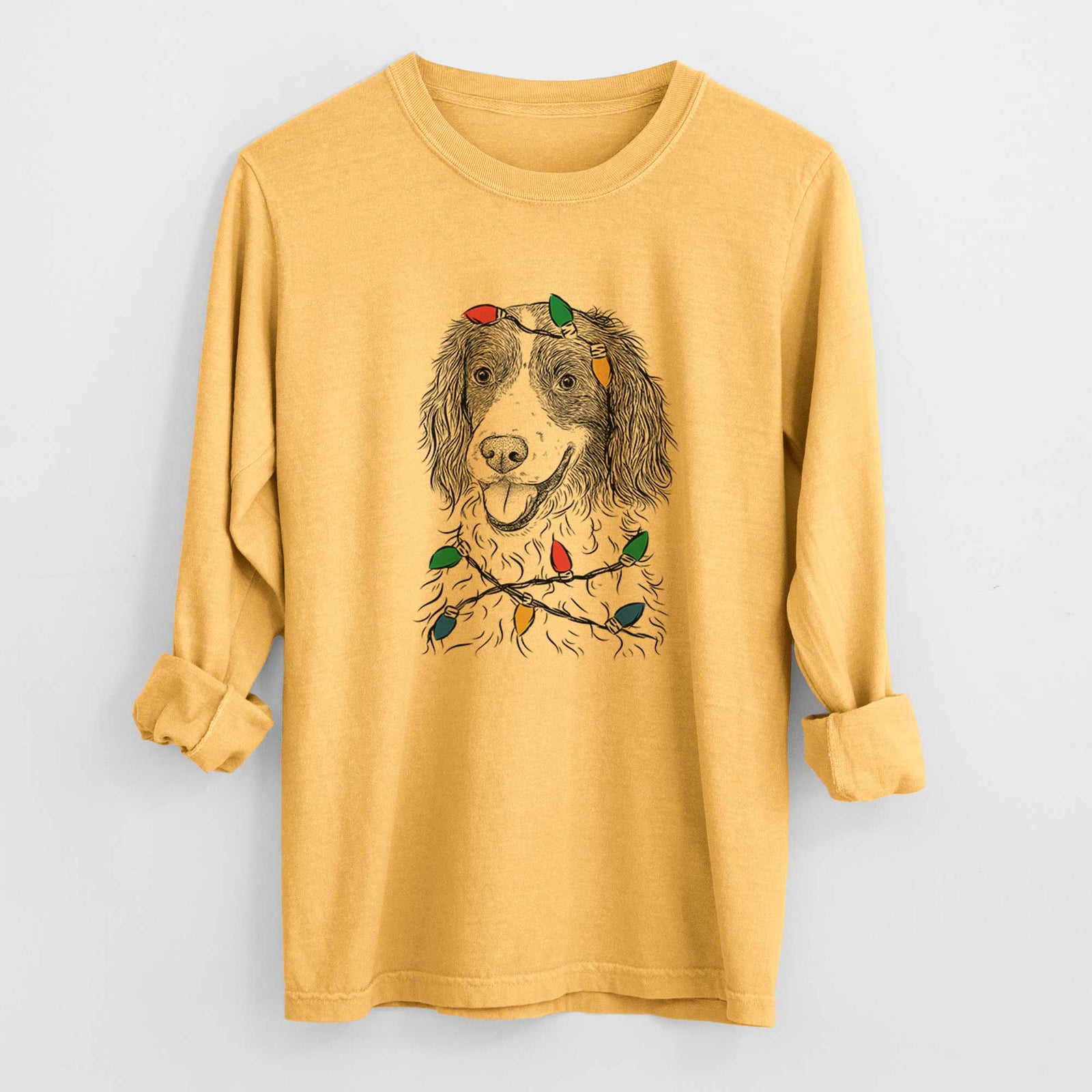 Christmas Lights Maggie the Springer Spaniel - Heavyweight 100% Cotton Long Sleeve