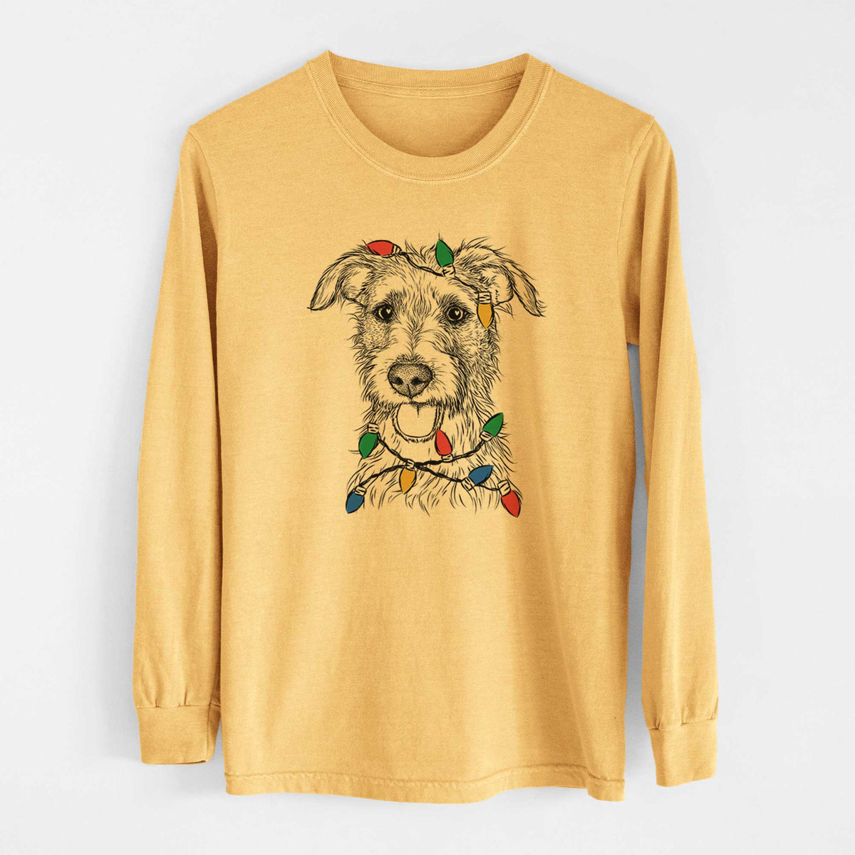 Christmas Lights Maggie the Terrier Mix - Heavyweight 100% Cotton Long Sleeve