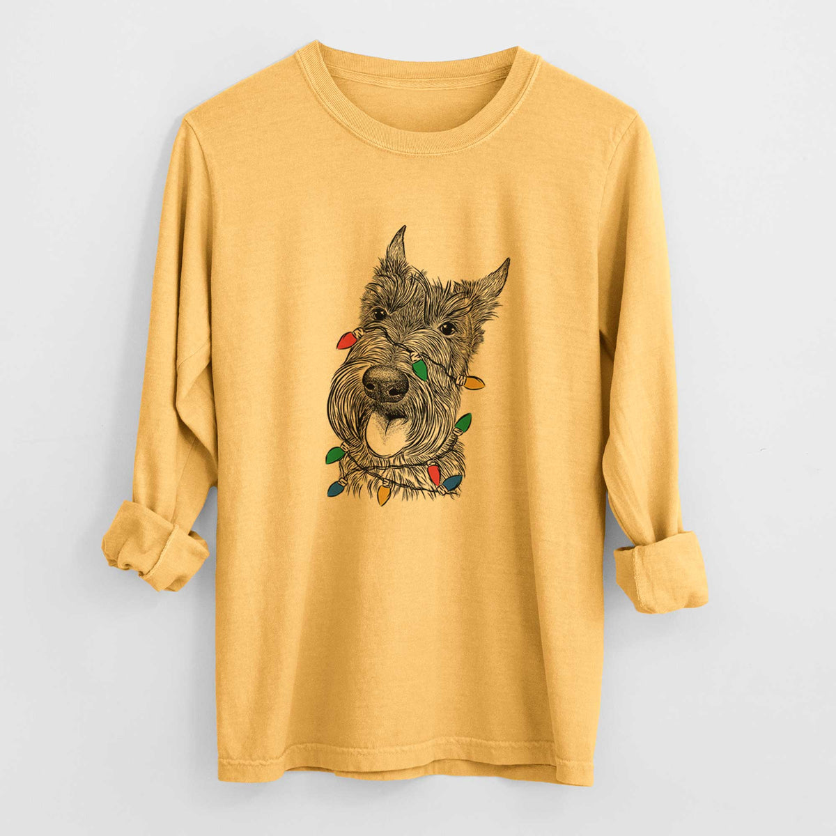 Christmas Lights Magnus the Scottish Terrier - Heavyweight 100% Cotton Long Sleeve