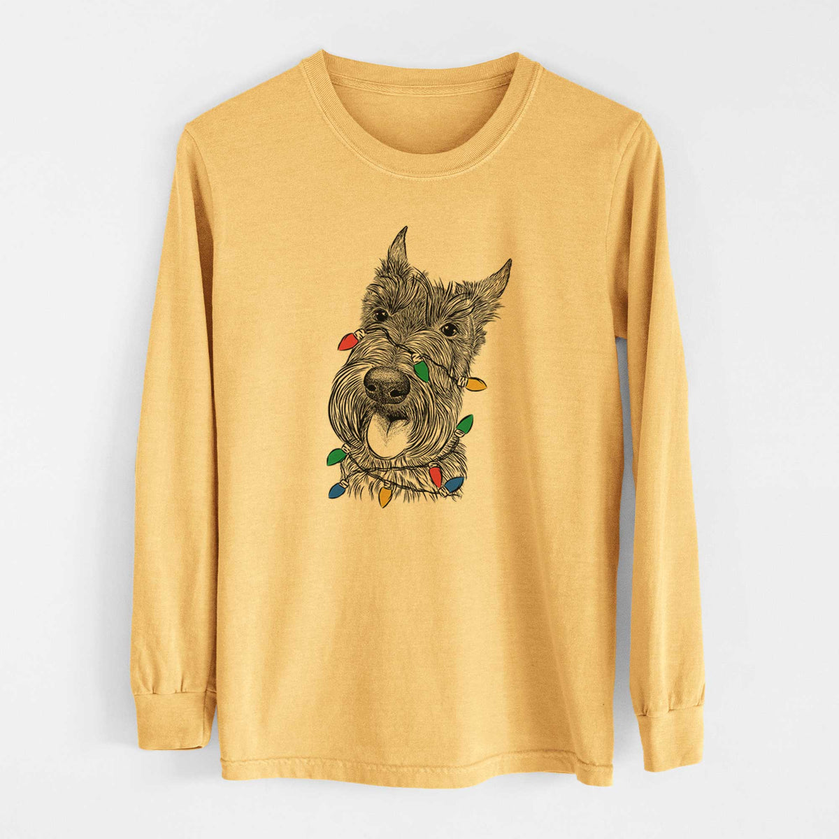 Christmas Lights Magnus the Scottish Terrier - Heavyweight 100% Cotton Long Sleeve