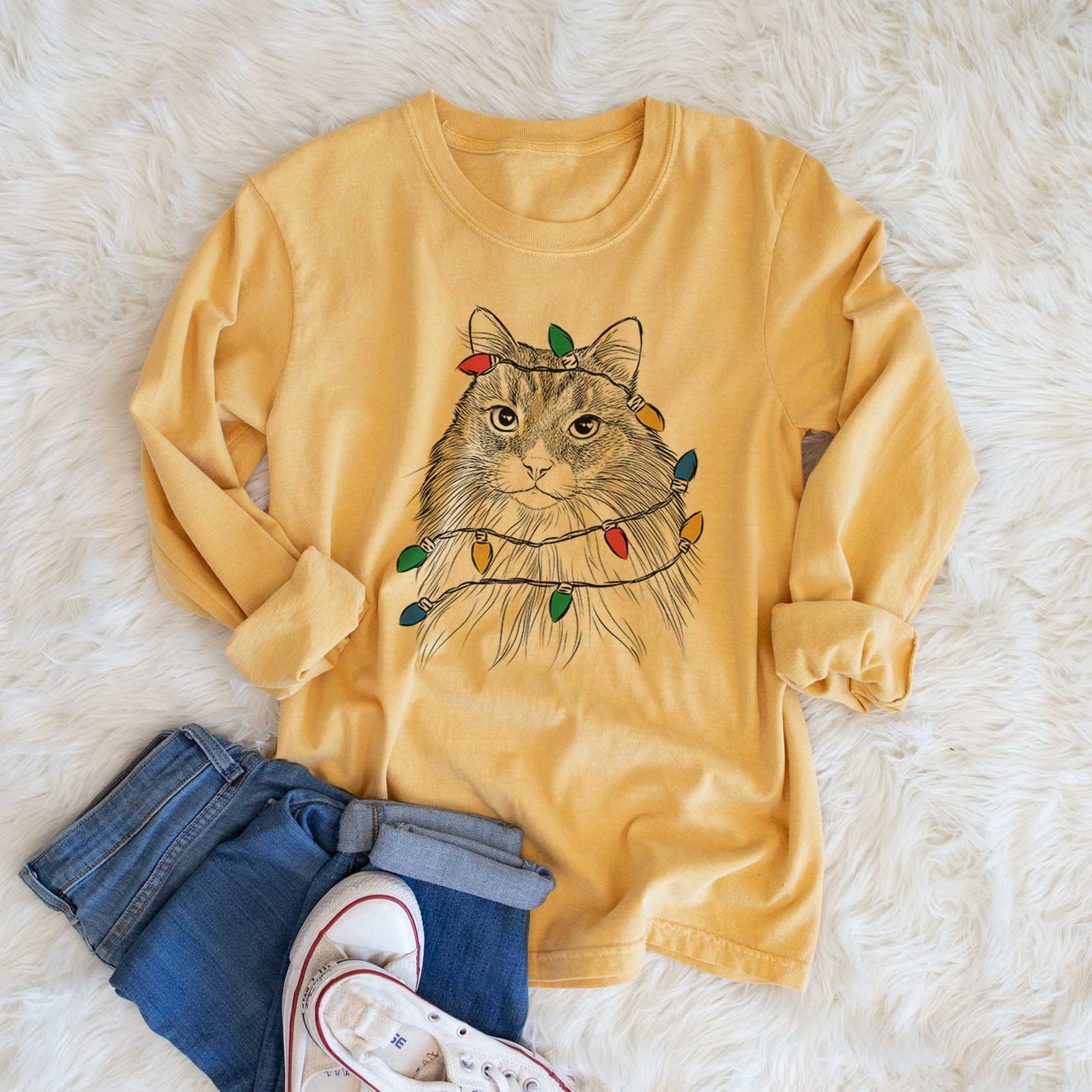 Christmas Lights Maks the Siberian Cat - Heavyweight 100% Cotton Long Sleeve