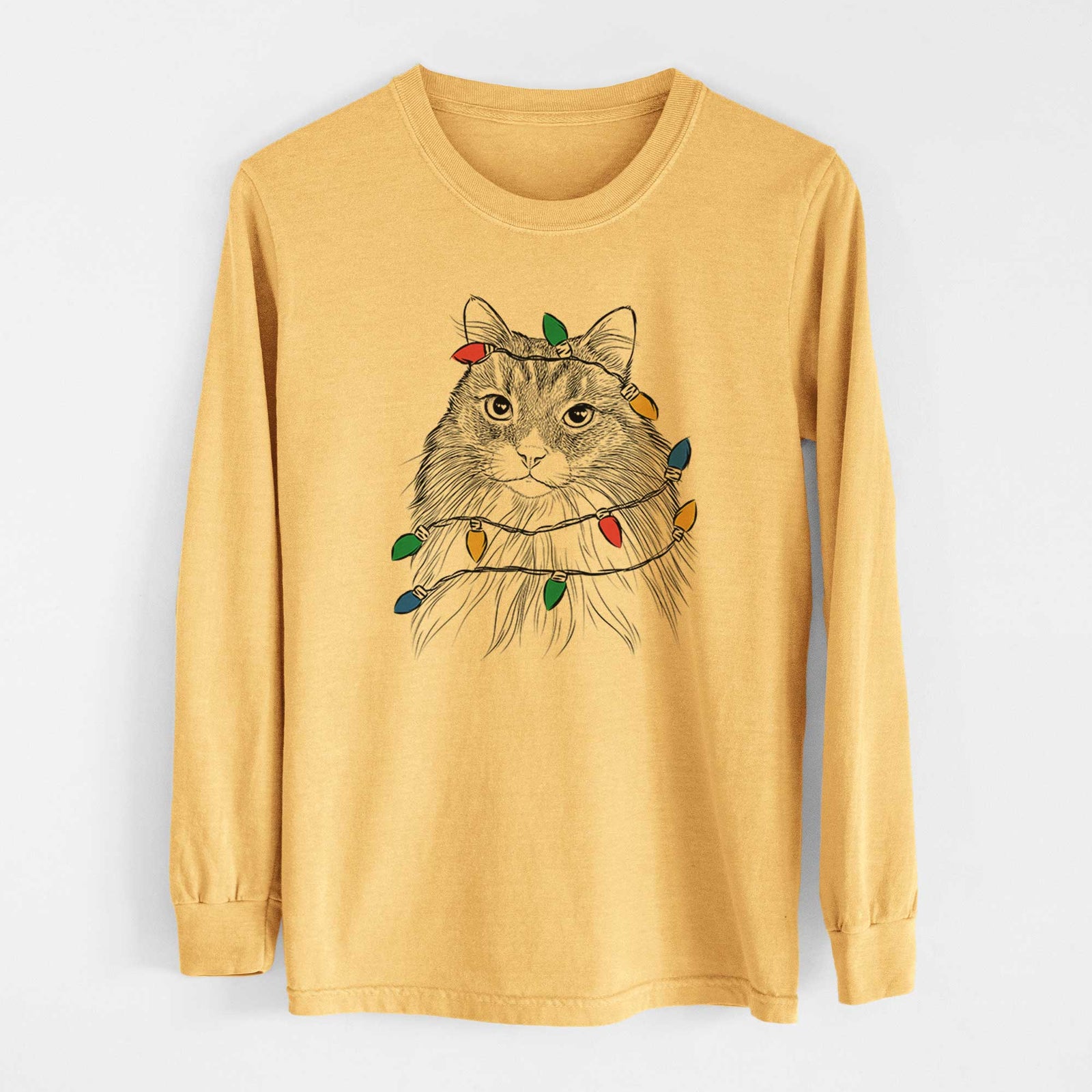Christmas Lights Maks the Siberian Cat - Heavyweight 100% Cotton Long Sleeve
