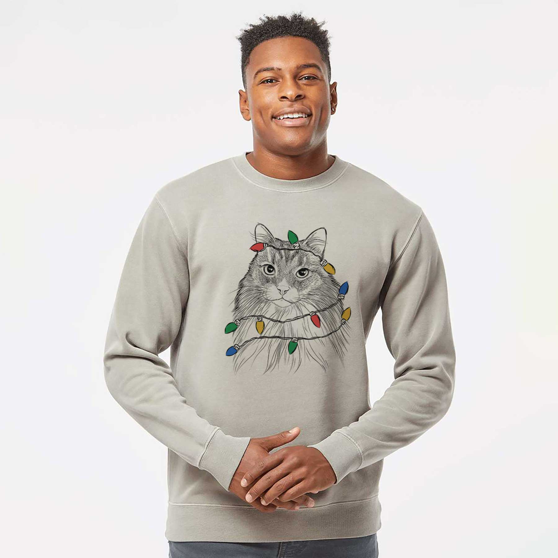Christmas Lights Maks the Siberian Cat - Unisex Pigment Dyed Crew Sweatshirt