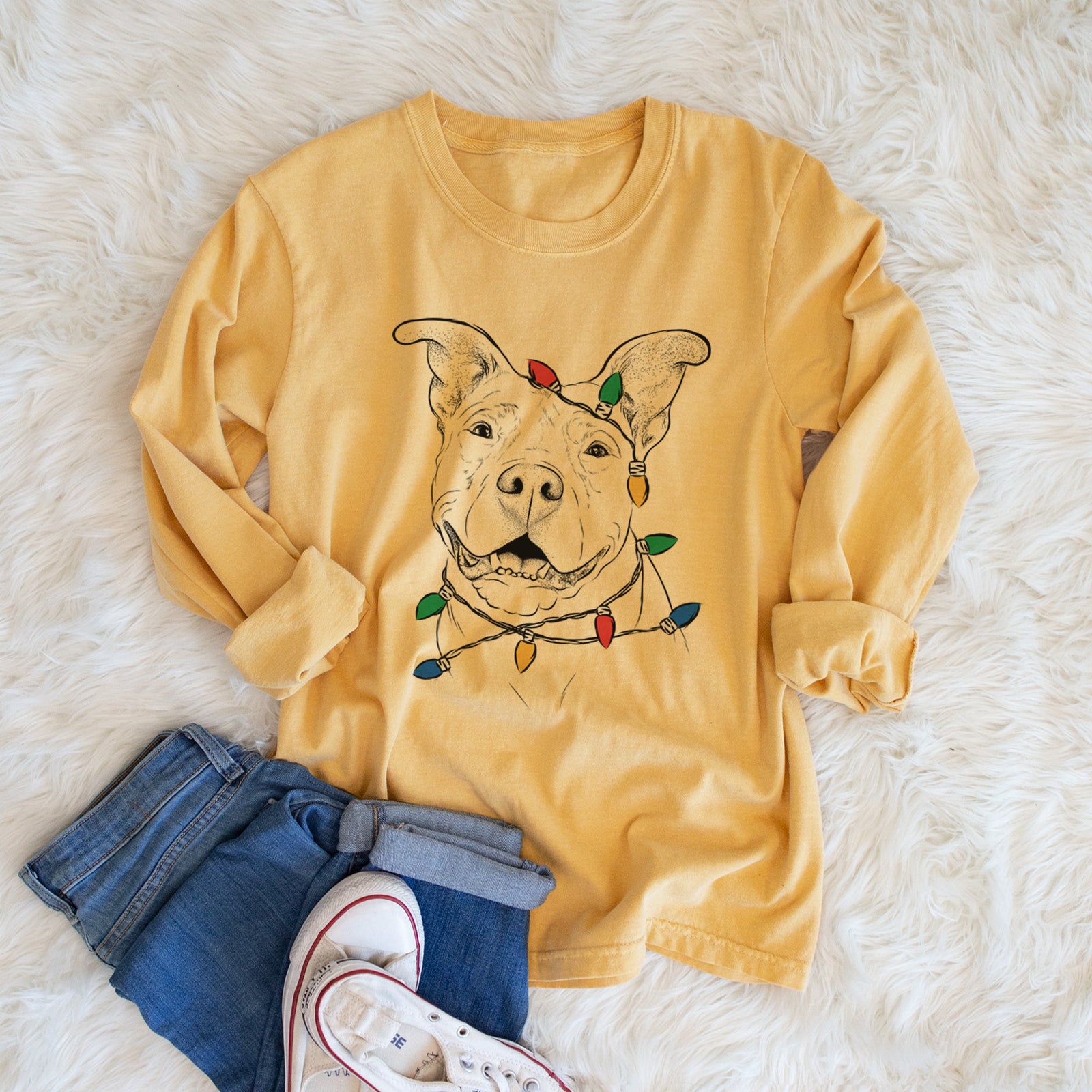Christmas Lights Malibu the Staffordshire Terrier/Pitbull Mix - Heavyweight 100% Cotton Long Sleeve