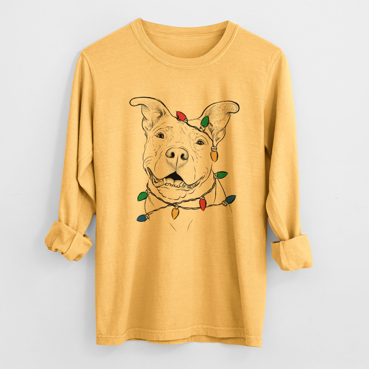 Christmas Lights Malibu the Staffordshire Terrier/Pitbull Mix - Heavyweight 100% Cotton Long Sleeve