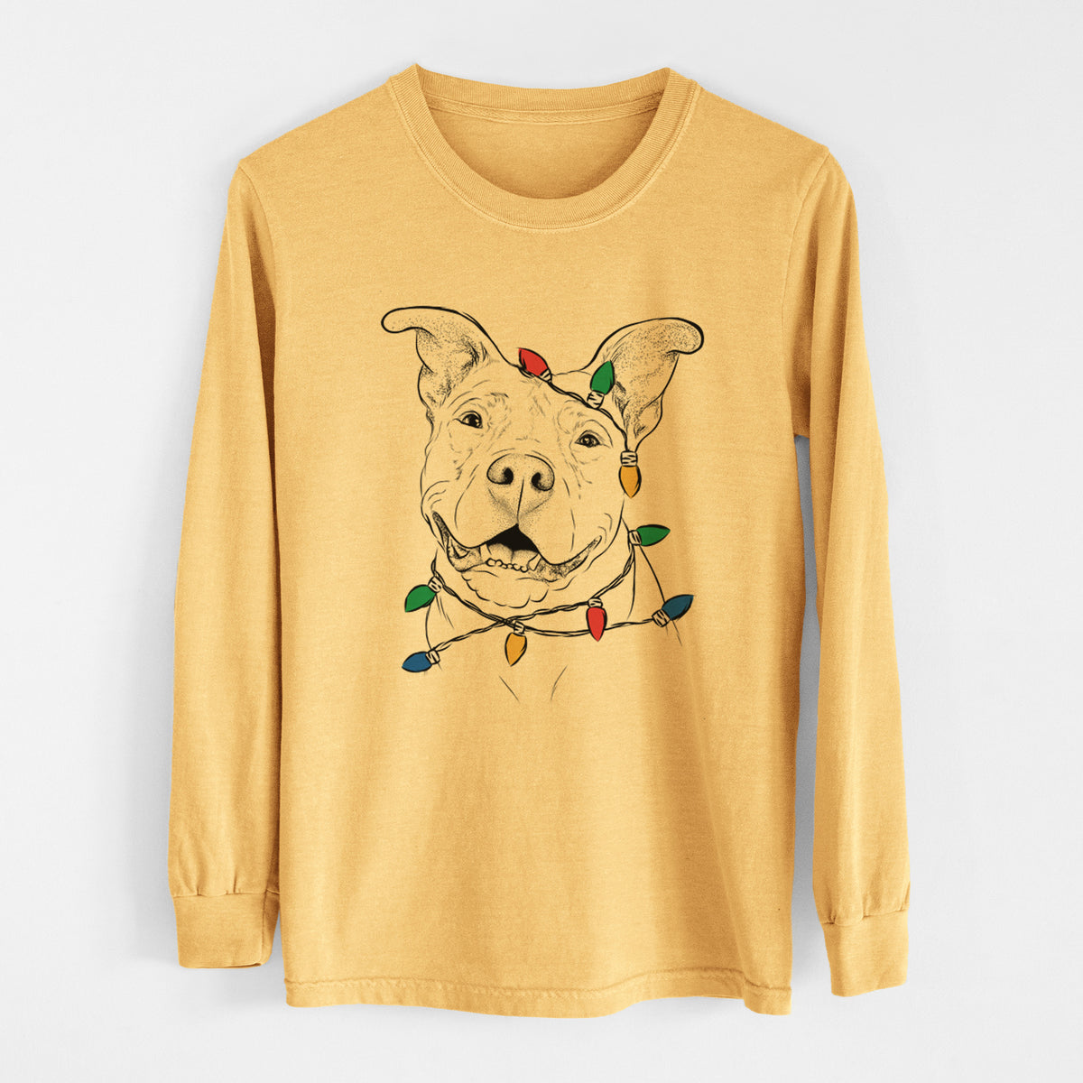 Christmas Lights Malibu the Staffordshire Terrier/Pitbull Mix - Heavyweight 100% Cotton Long Sleeve