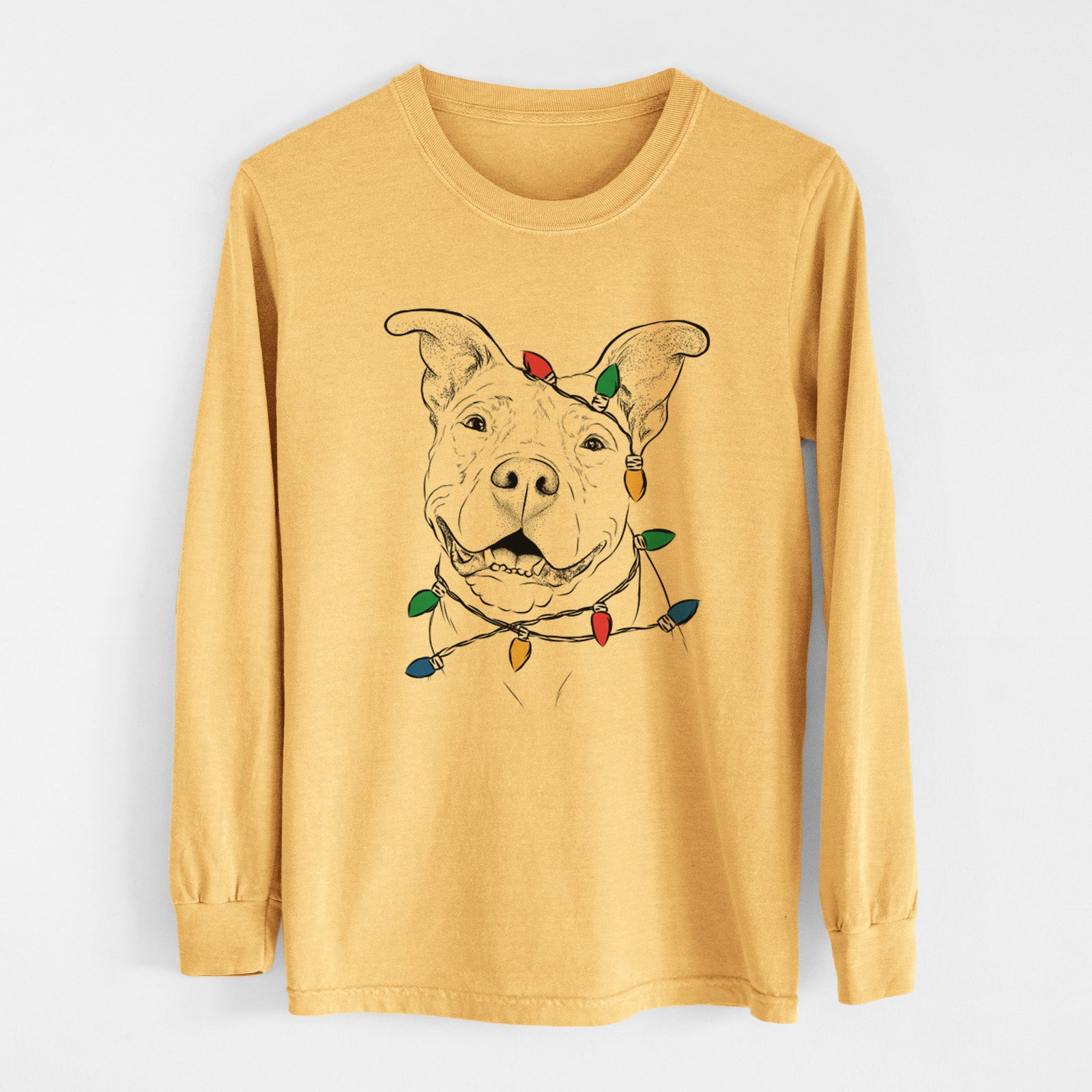 Christmas Lights Malibu the Staffordshire Terrier/Pitbull Mix - Heavyweight 100% Cotton Long Sleeve