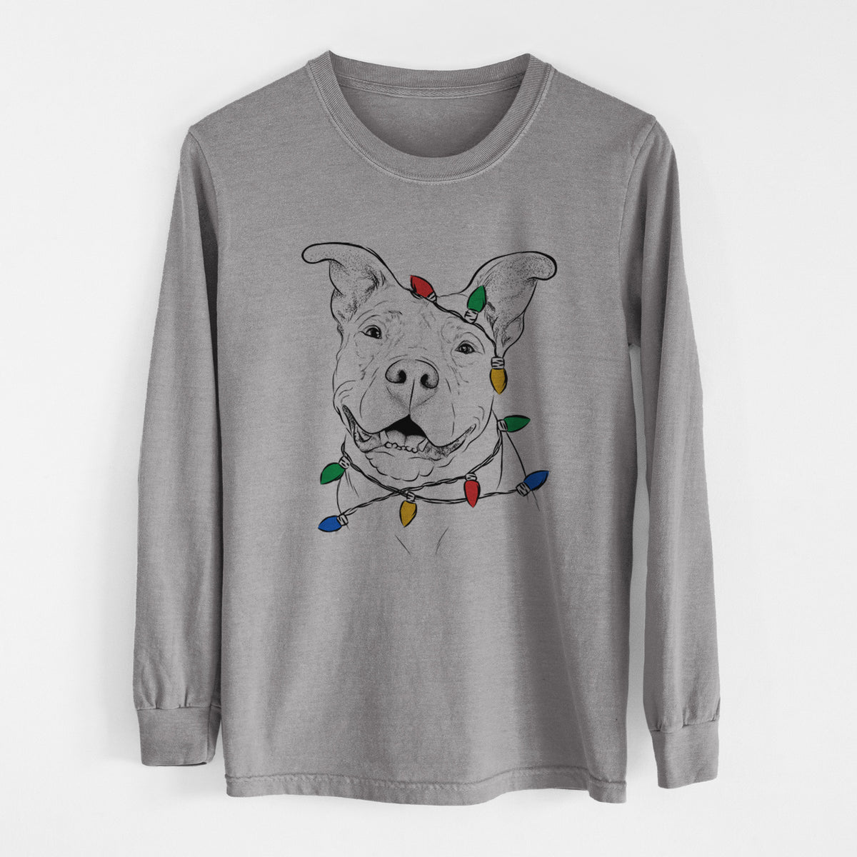 Christmas Lights Malibu the Staffordshire Terrier/Pitbull Mix - Heavyweight 100% Cotton Long Sleeve