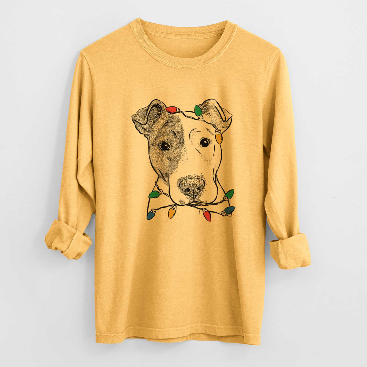 Christmas Lights Manchi the Pitbull Mix - Heavyweight 100% Cotton Long Sleeve