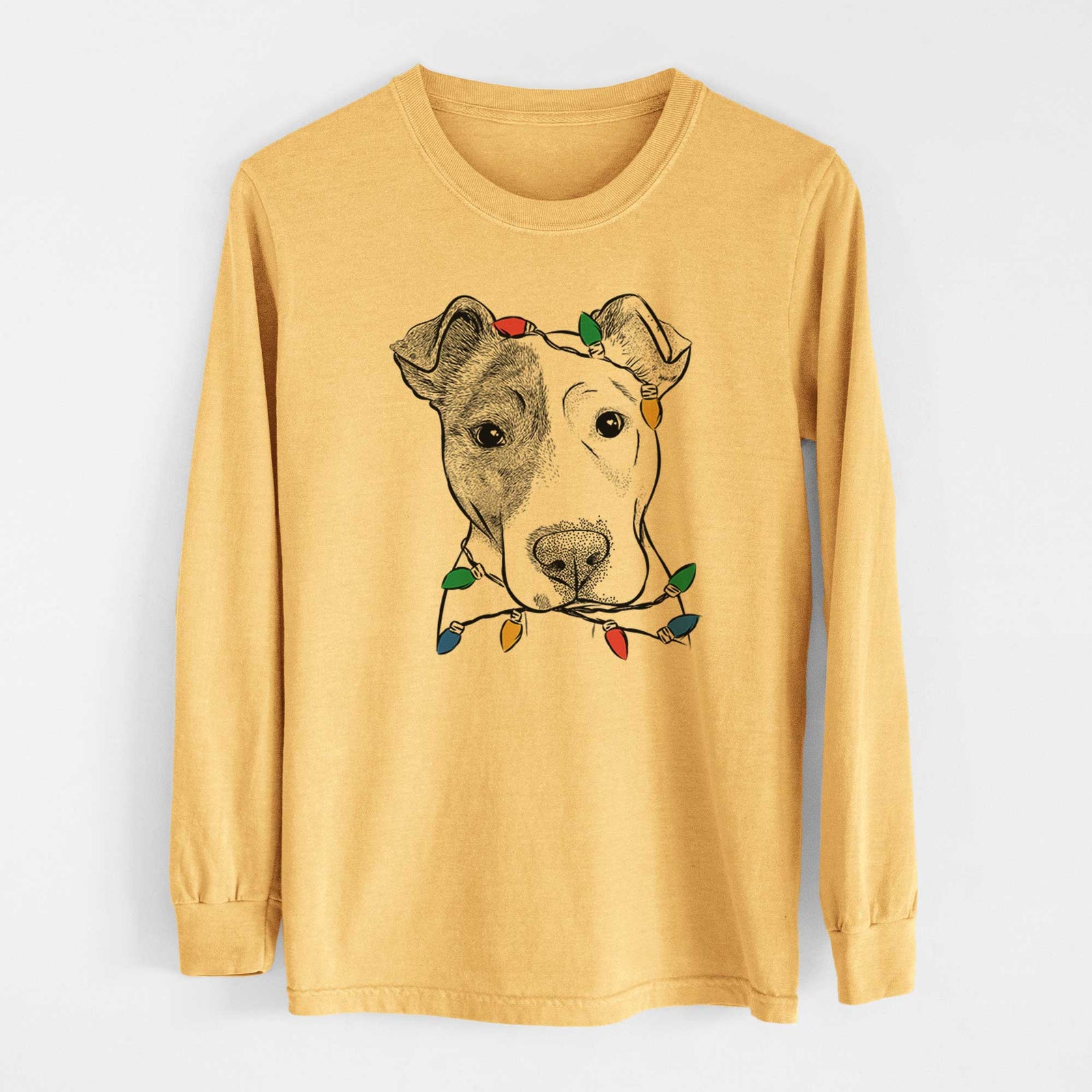 Christmas Lights Manchi the Pitbull Mix - Heavyweight 100% Cotton Long Sleeve