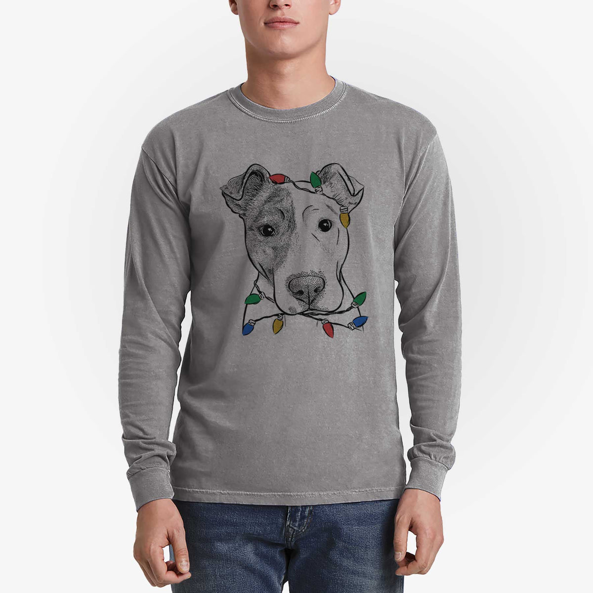 Christmas Lights Manchi the Pitbull Mix - Heavyweight 100% Cotton Long Sleeve
