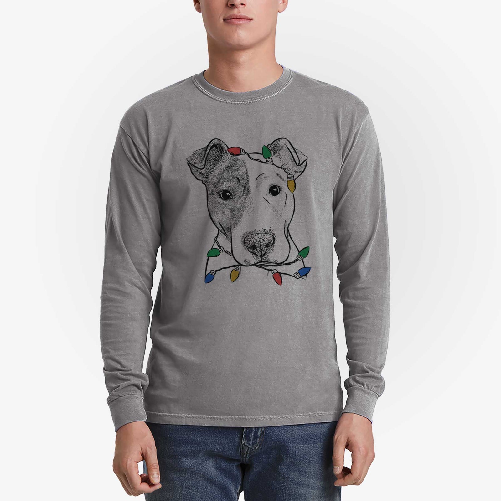 Christmas Lights Manchi the Pitbull Mix - Heavyweight 100% Cotton Long Sleeve