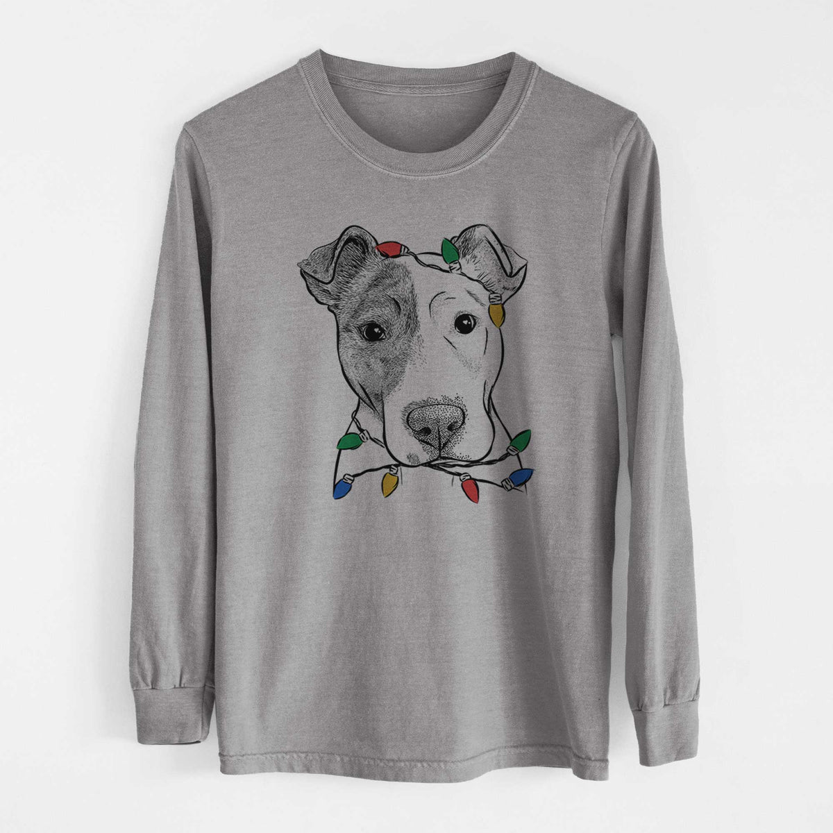 Christmas Lights Manchi the Pitbull Mix - Heavyweight 100% Cotton Long Sleeve