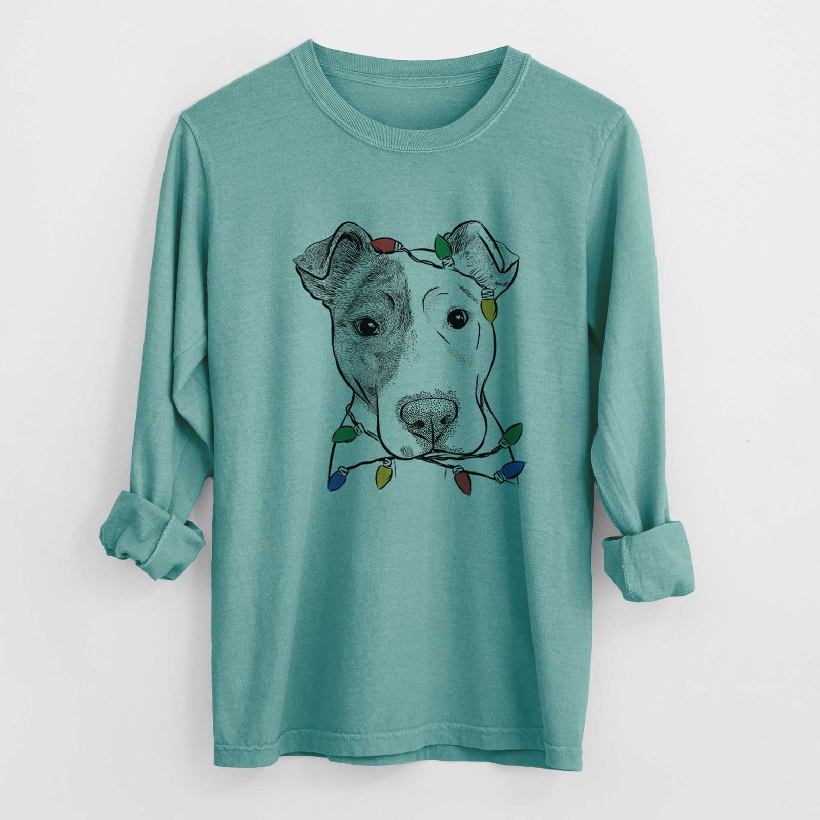 Christmas Lights Manchi the Pitbull Mix - Heavyweight 100% Cotton Long Sleeve