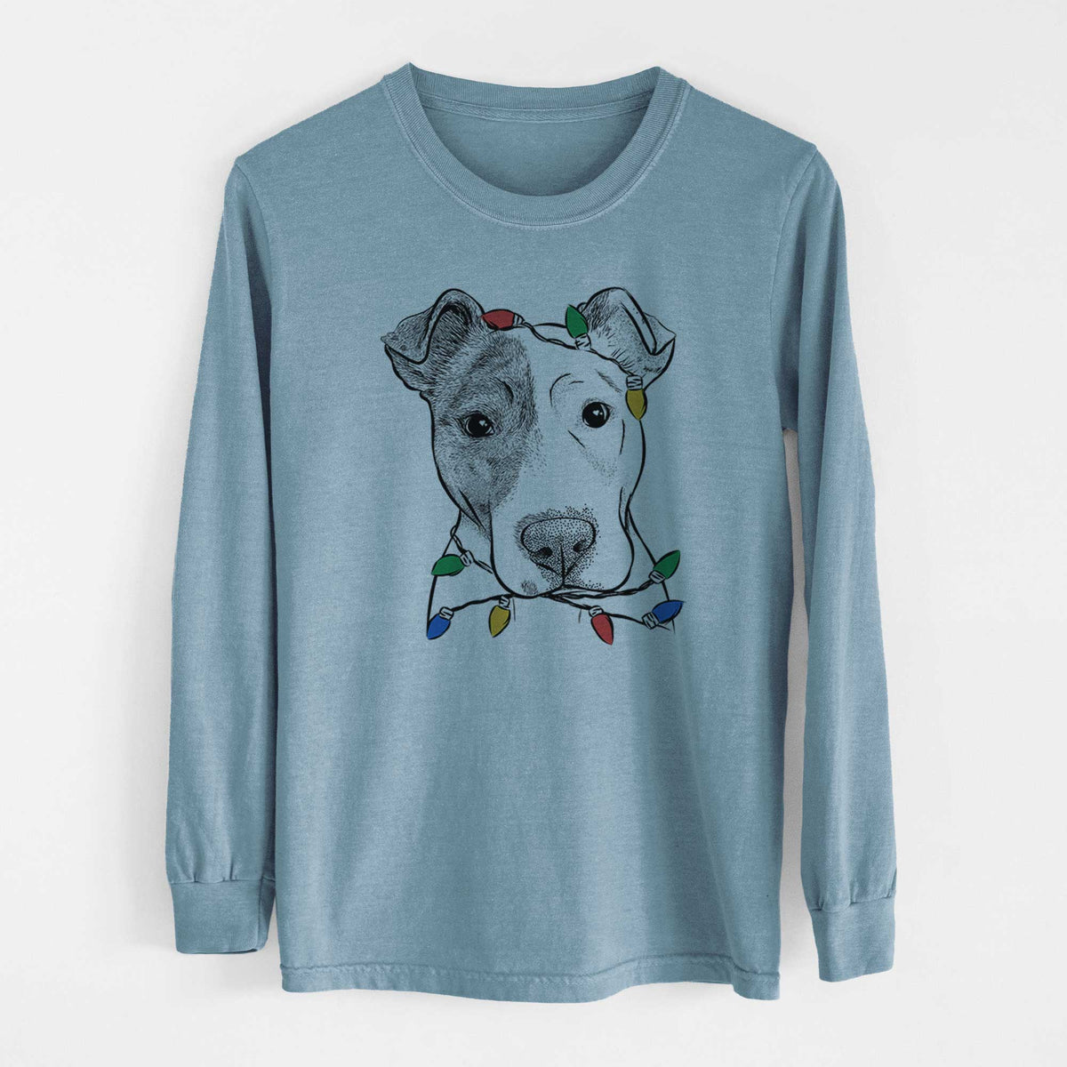 Christmas Lights Manchi the Pitbull Mix - Heavyweight 100% Cotton Long Sleeve