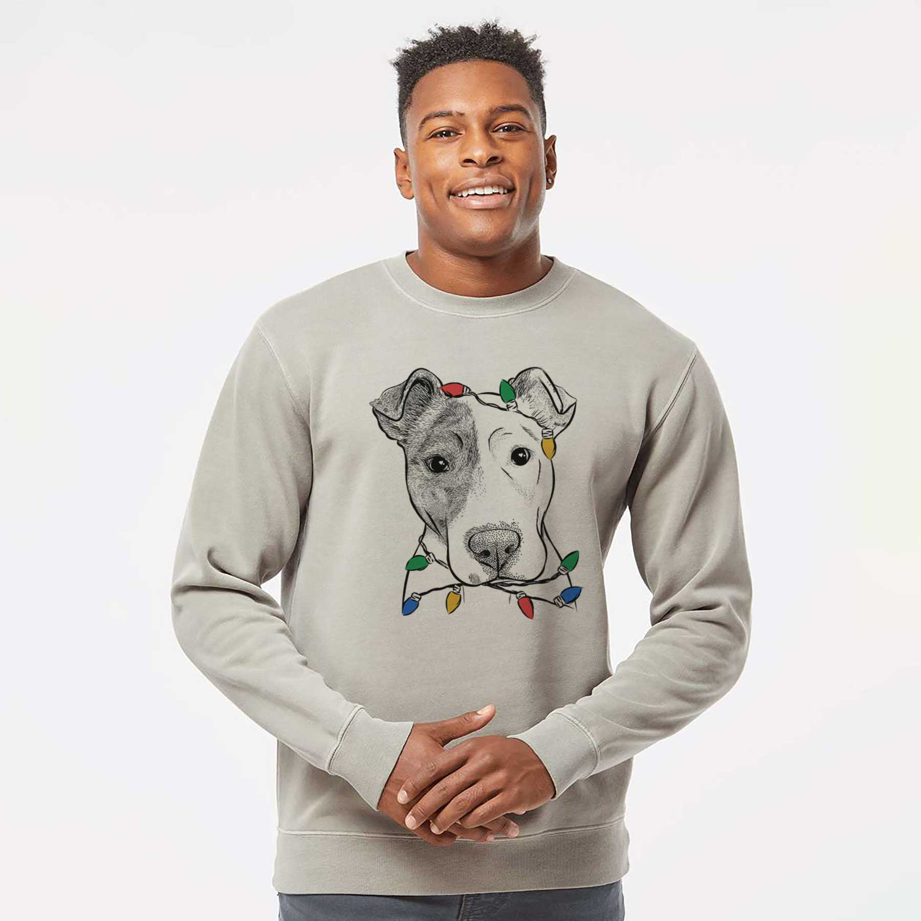 Christmas Lights Manchi the Pitbull Mix - Unisex Pigment Dyed Crew Sweatshirt