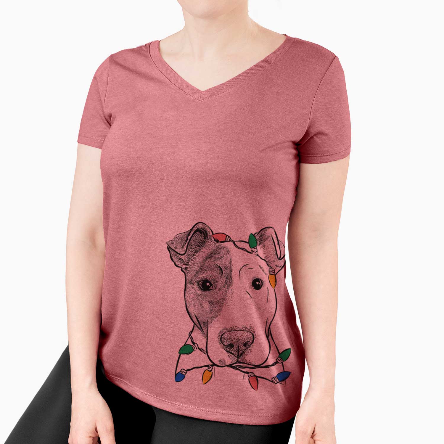 Christmas Lights Manchi the Pitbull Mix - Women's V-neck Shirt