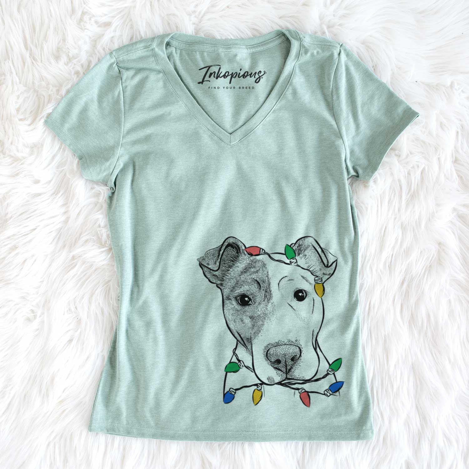 Christmas Lights Manchi the Pitbull Mix - Women's V-neck Shirt