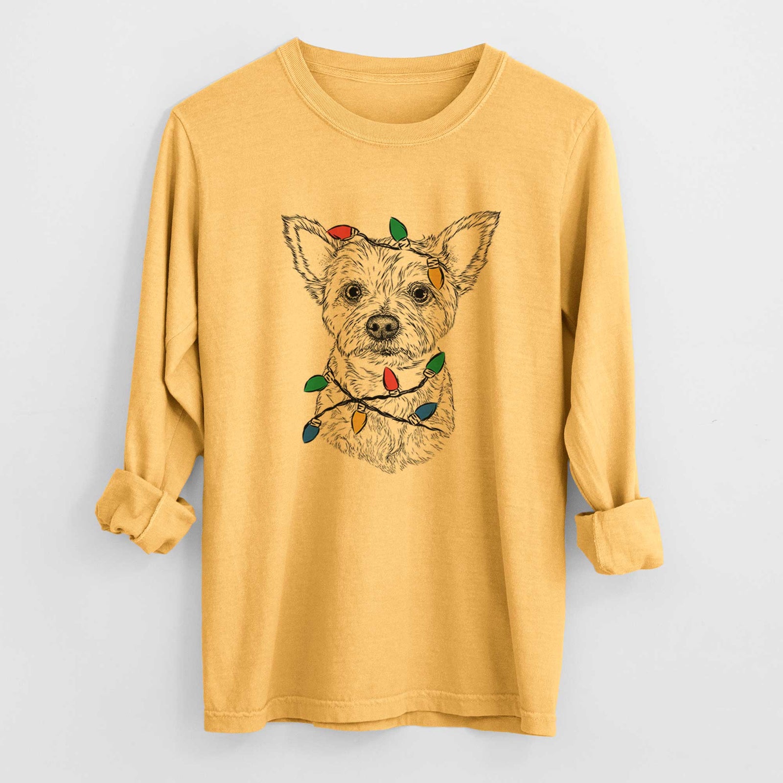 Christmas Lights Mango the Yorker Cairn Terrier Mix - Heavyweight 100% Cotton Long Sleeve