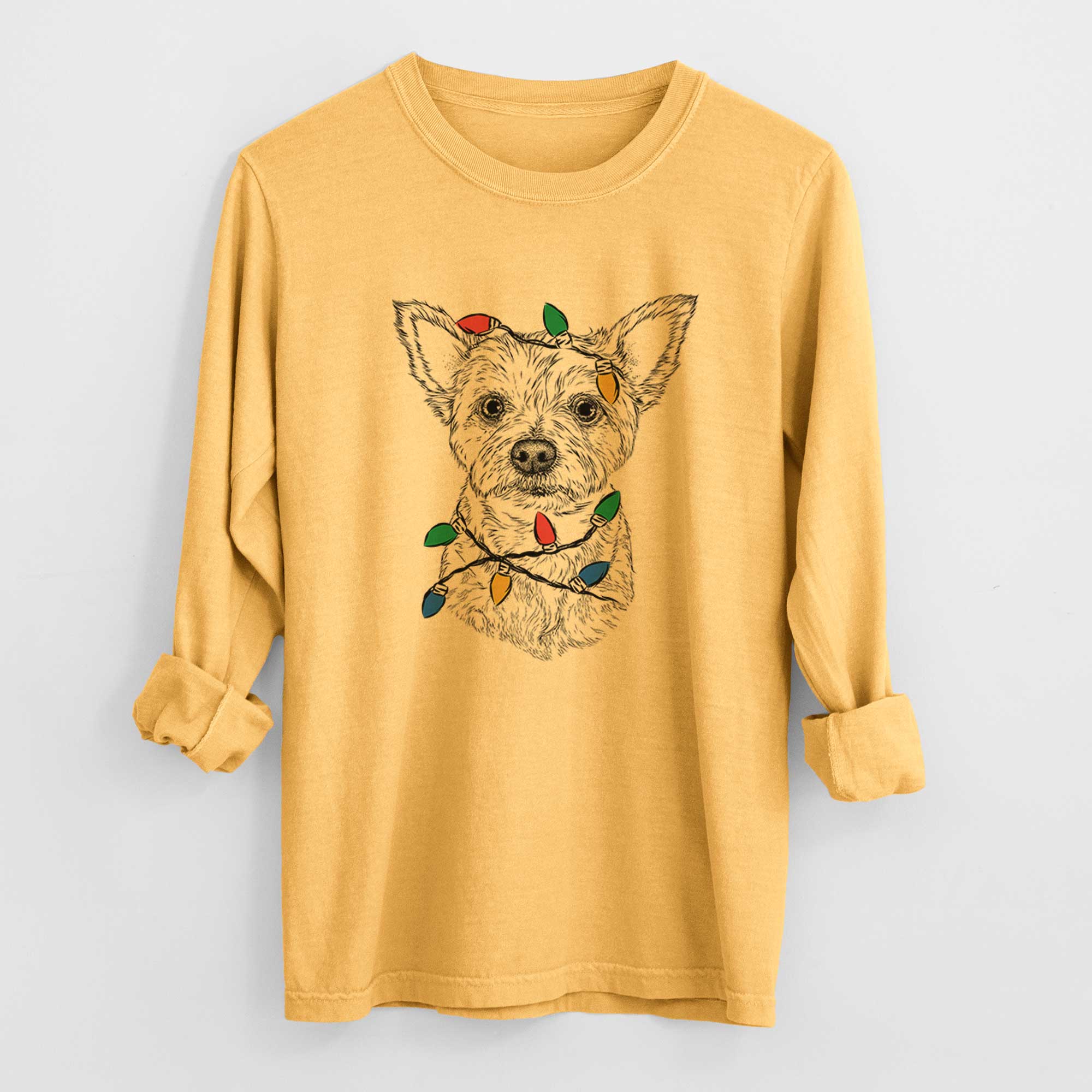 Christmas Lights Mango the Yorker Cairn Terrier Mix - Heavyweight 100% Cotton Long Sleeve