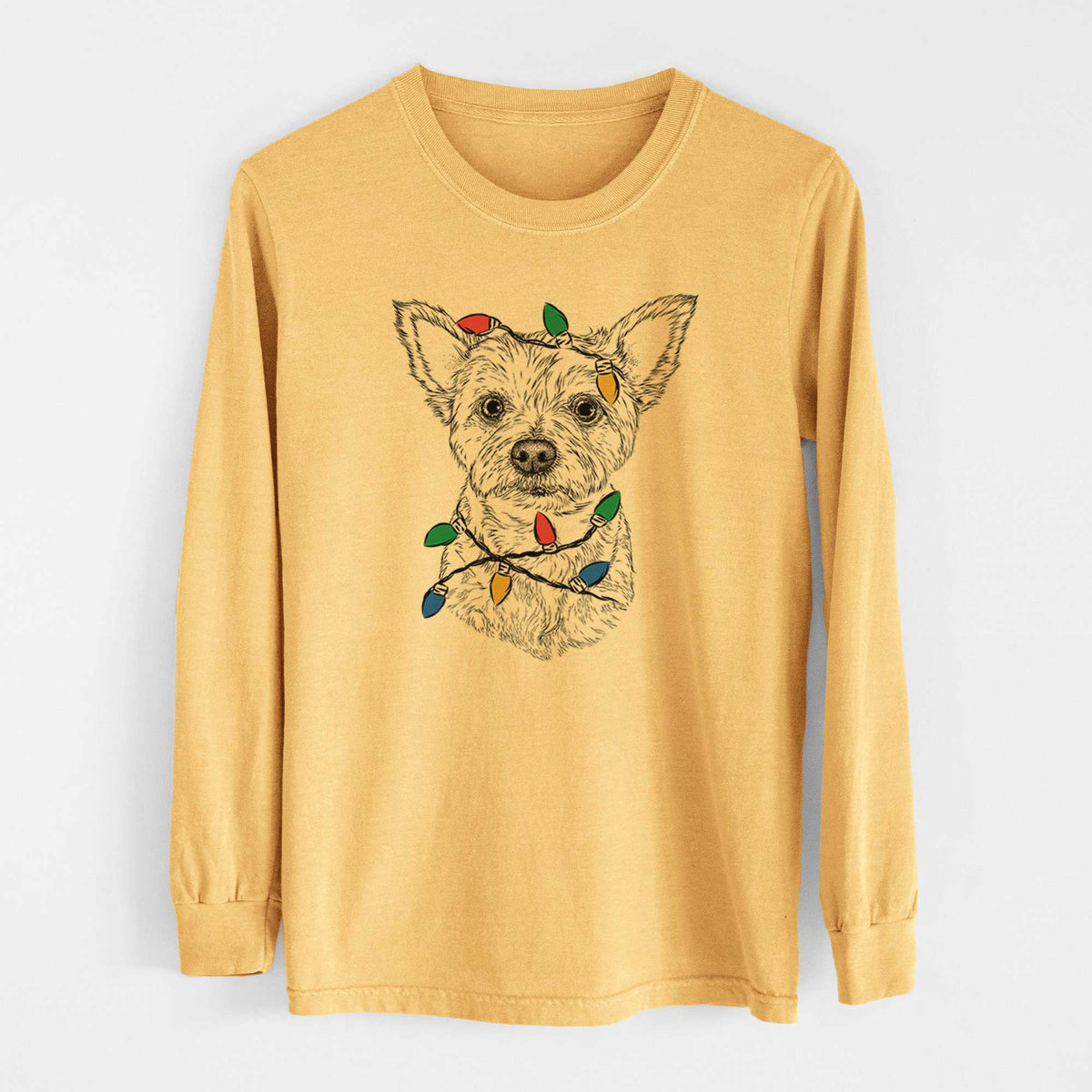 Christmas Lights Mango the Yorker Cairn Terrier Mix - Heavyweight 100% Cotton Long Sleeve