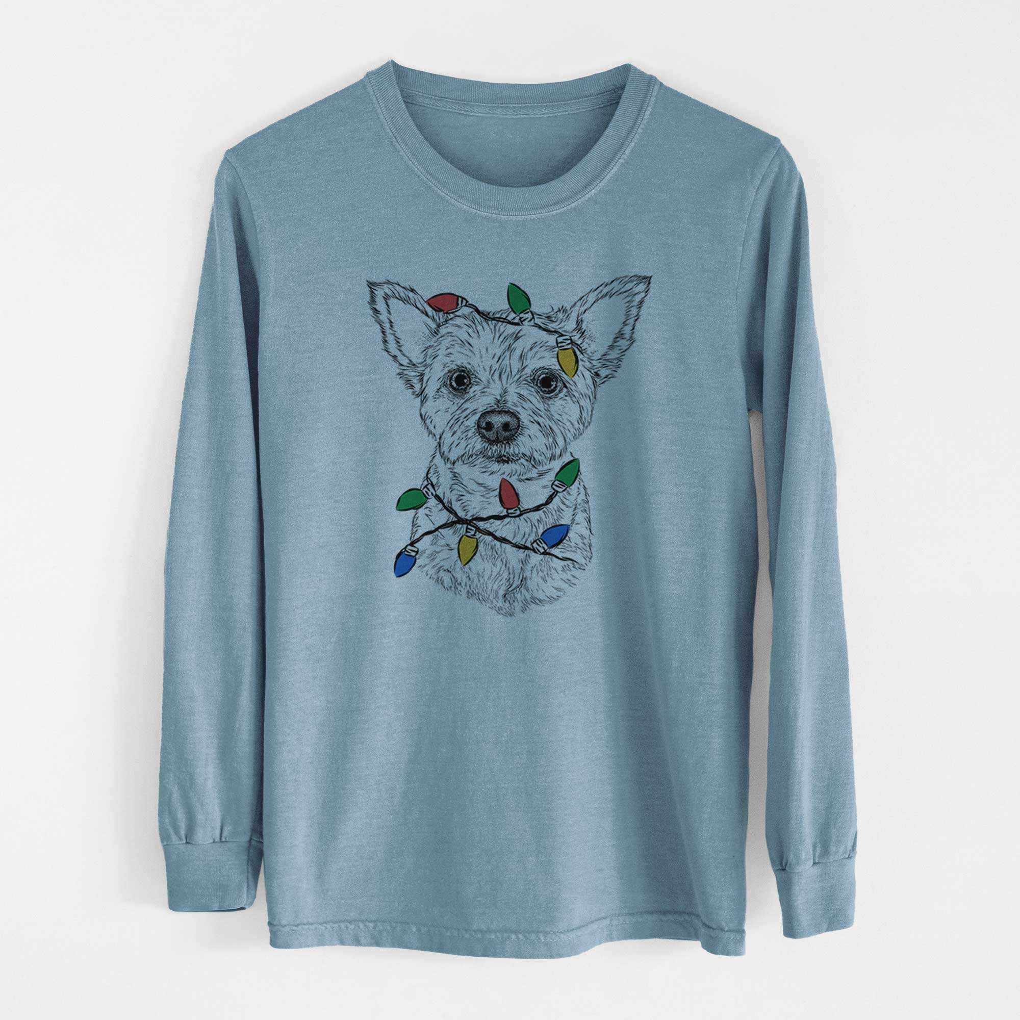 Christmas Lights Mango the Yorker Cairn Terrier Mix - Heavyweight 100% Cotton Long Sleeve