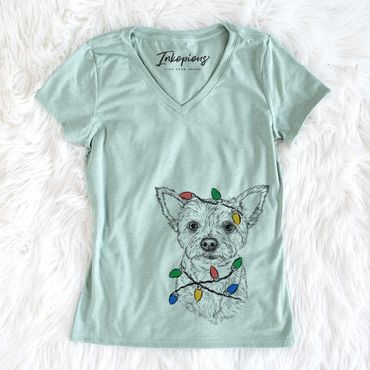 Christmas Lights Mango the Yorker Cairn Terrier Mix - Women&#39;s V-neck Shirt