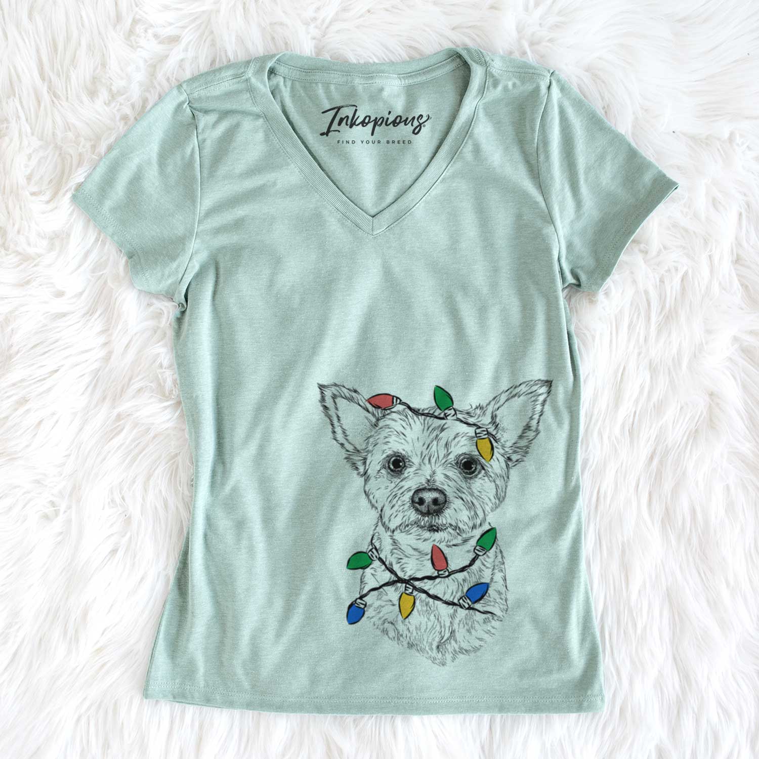 Christmas Lights Mango the Yorker Cairn Terrier Mix - Women's V-neck Shirt