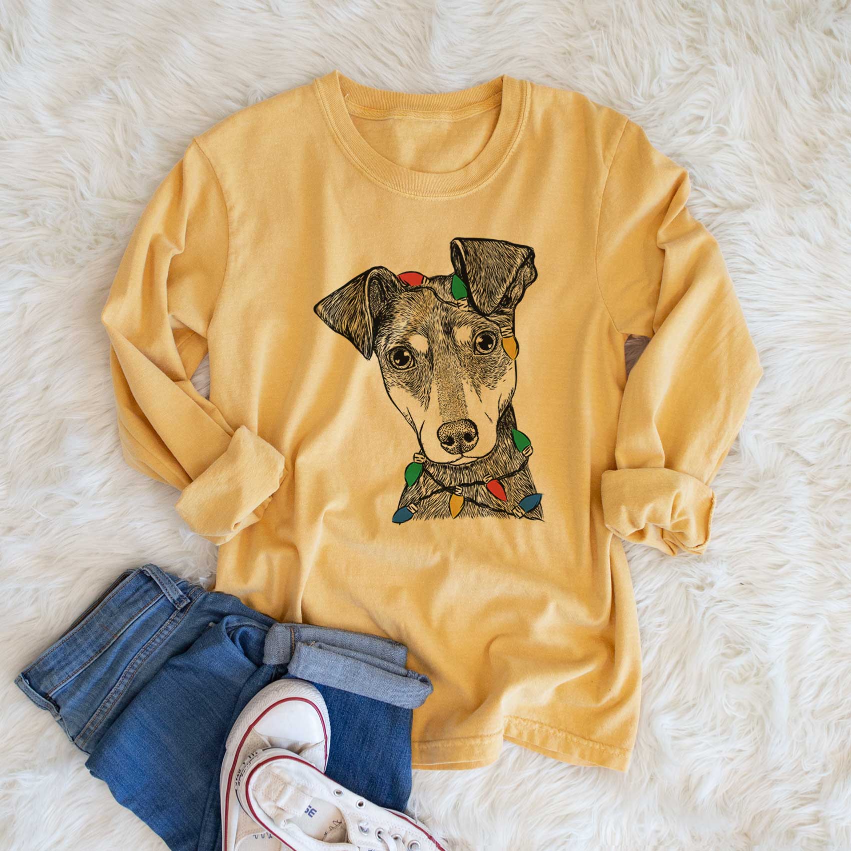 Christmas Lights Manny the Manchester Terrier - Heavyweight 100% Cotton Long Sleeve