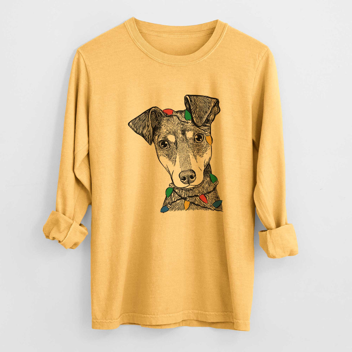 Christmas Lights Manny the Manchester Terrier - Heavyweight 100% Cotton Long Sleeve