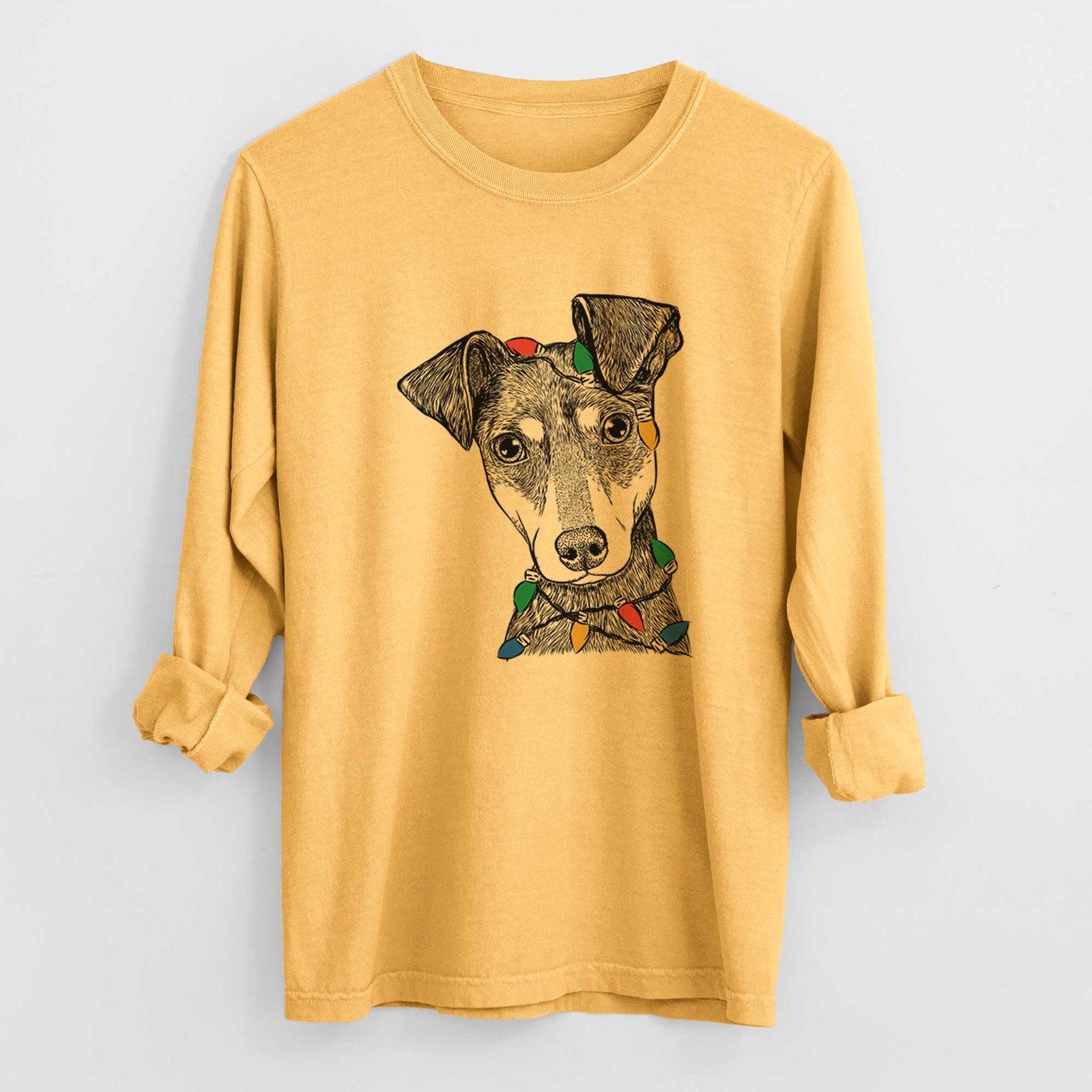 Christmas Lights Manny the Manchester Terrier - Heavyweight 100% Cotton Long Sleeve