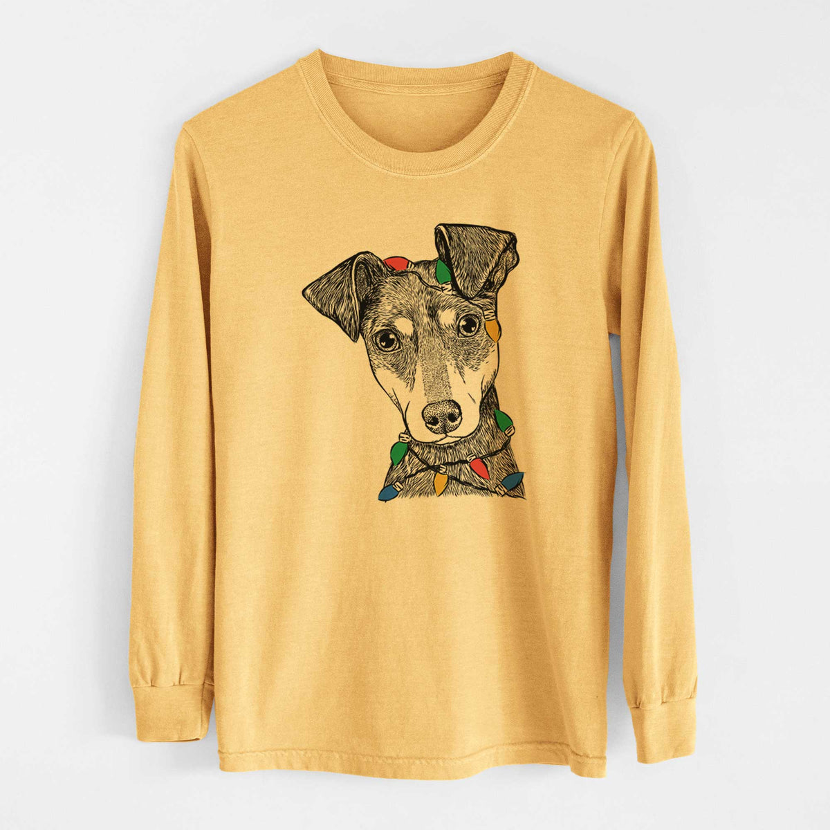 Christmas Lights Manny the Manchester Terrier - Heavyweight 100% Cotton Long Sleeve