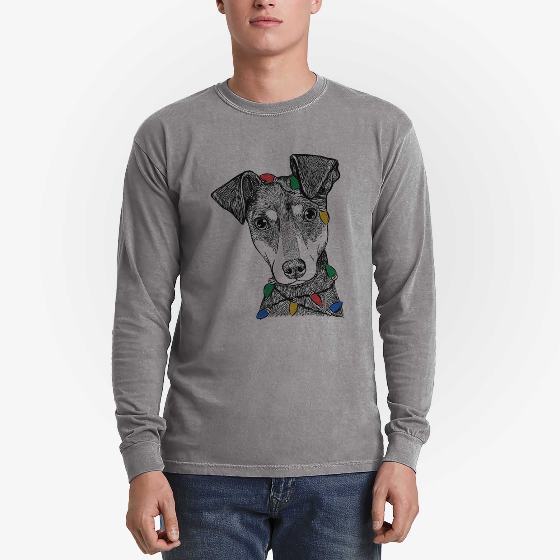 Christmas Lights Manny the Manchester Terrier - Heavyweight 100% Cotton Long Sleeve